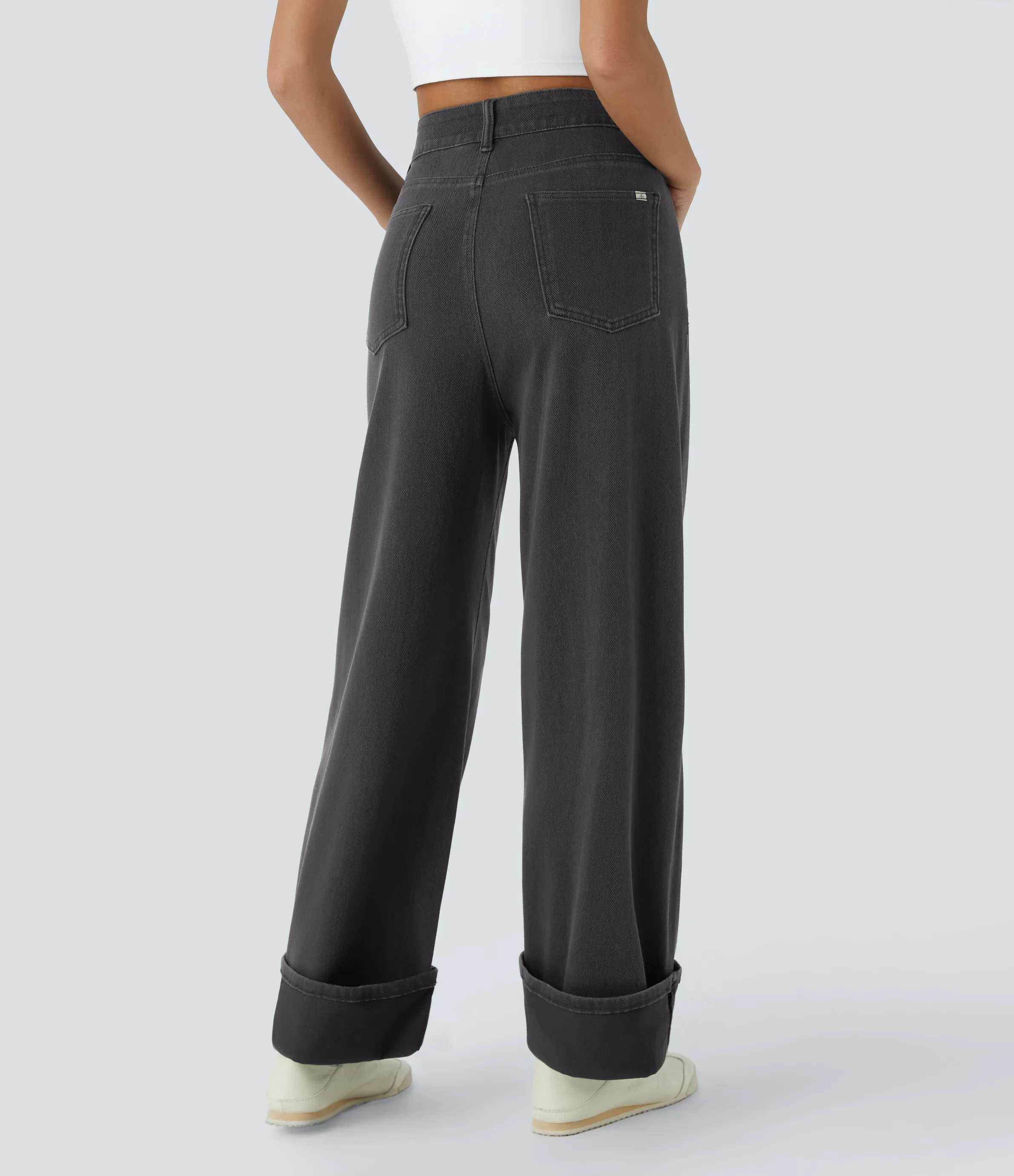 Halara Jeans Halara Flex™ Denim elástico lavado espiga tiro alto múltiple bolsillo dobladillo enrollado pierna ancha - Dark Grey Twill Denim - XL(regular) sold by Halara product image thumbnail 3