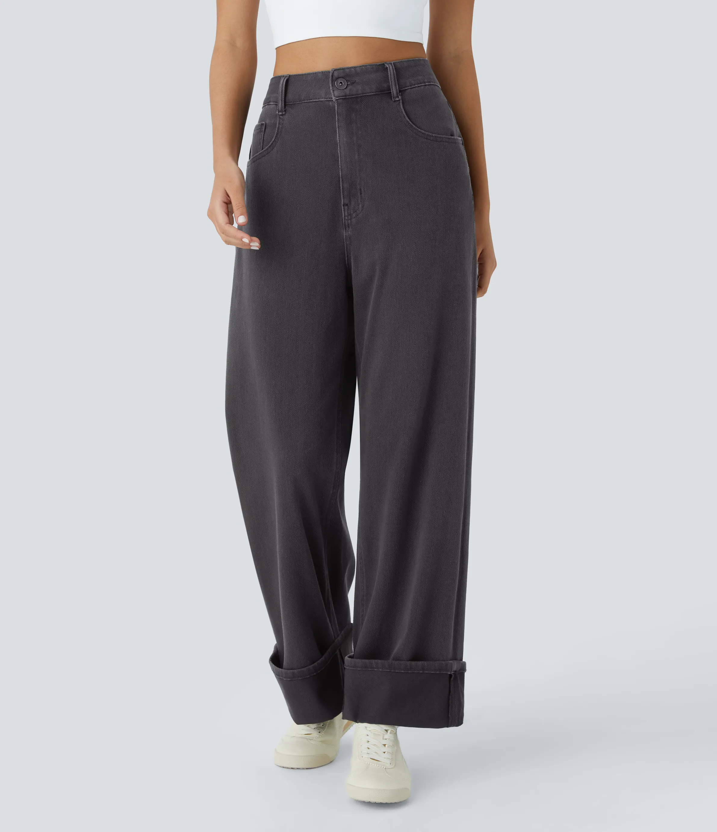 Halara Jeans Halara Flex™ Denim elástico lavado espiga tiro alto múltiple bolsillo dobladillo enrollado pierna ancha - Dark Grey Twill Denim - XL(regular) sold by Halara product image thumbnail 4