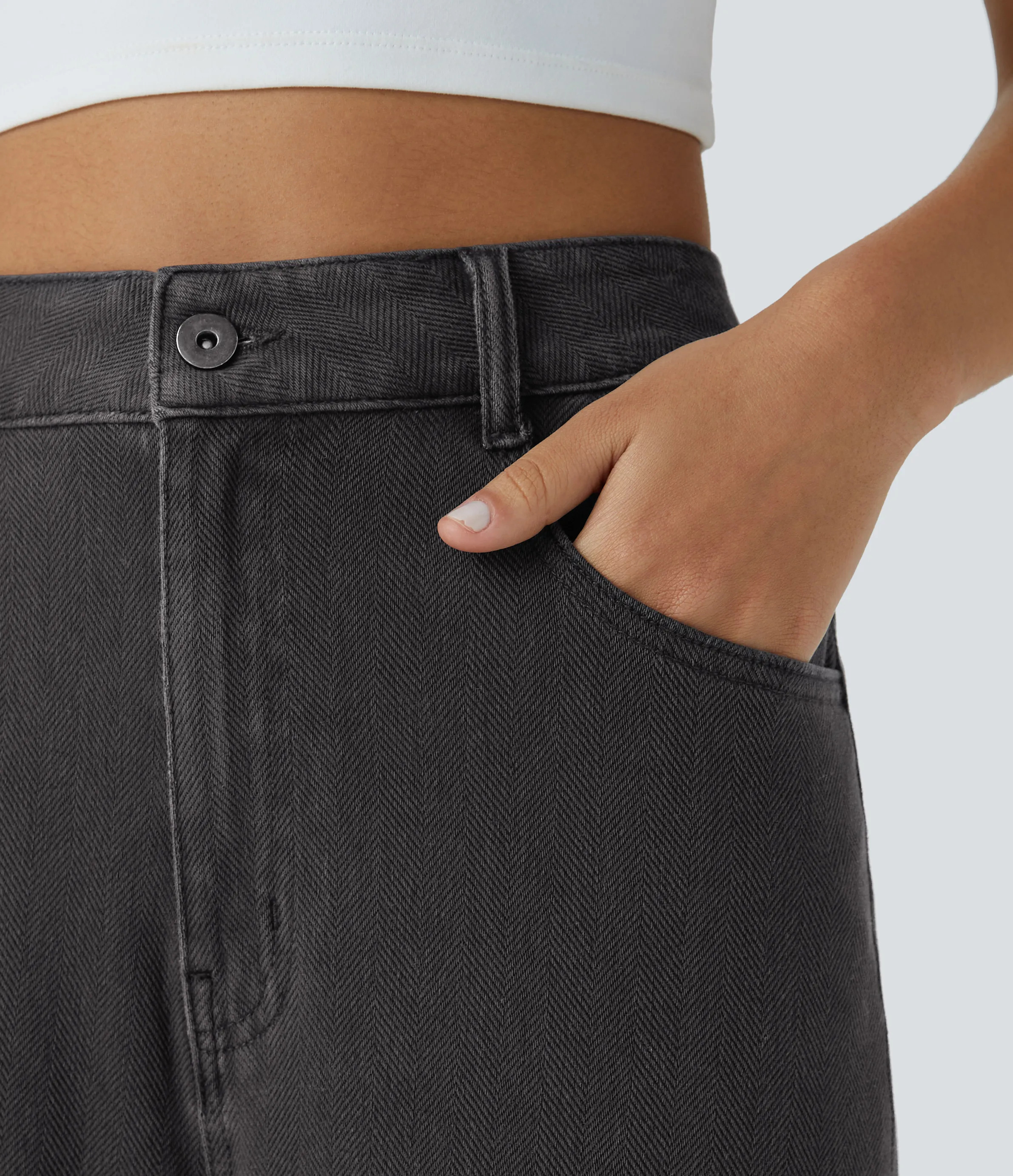 Halara Jeans Halara Flex™ Denim elástico lavado espiga tiro alto múltiple bolsillo dobladillo enrollado pierna ancha - Dark Grey Twill Denim - XL(regular) sold by Halara product image thumbnail 5