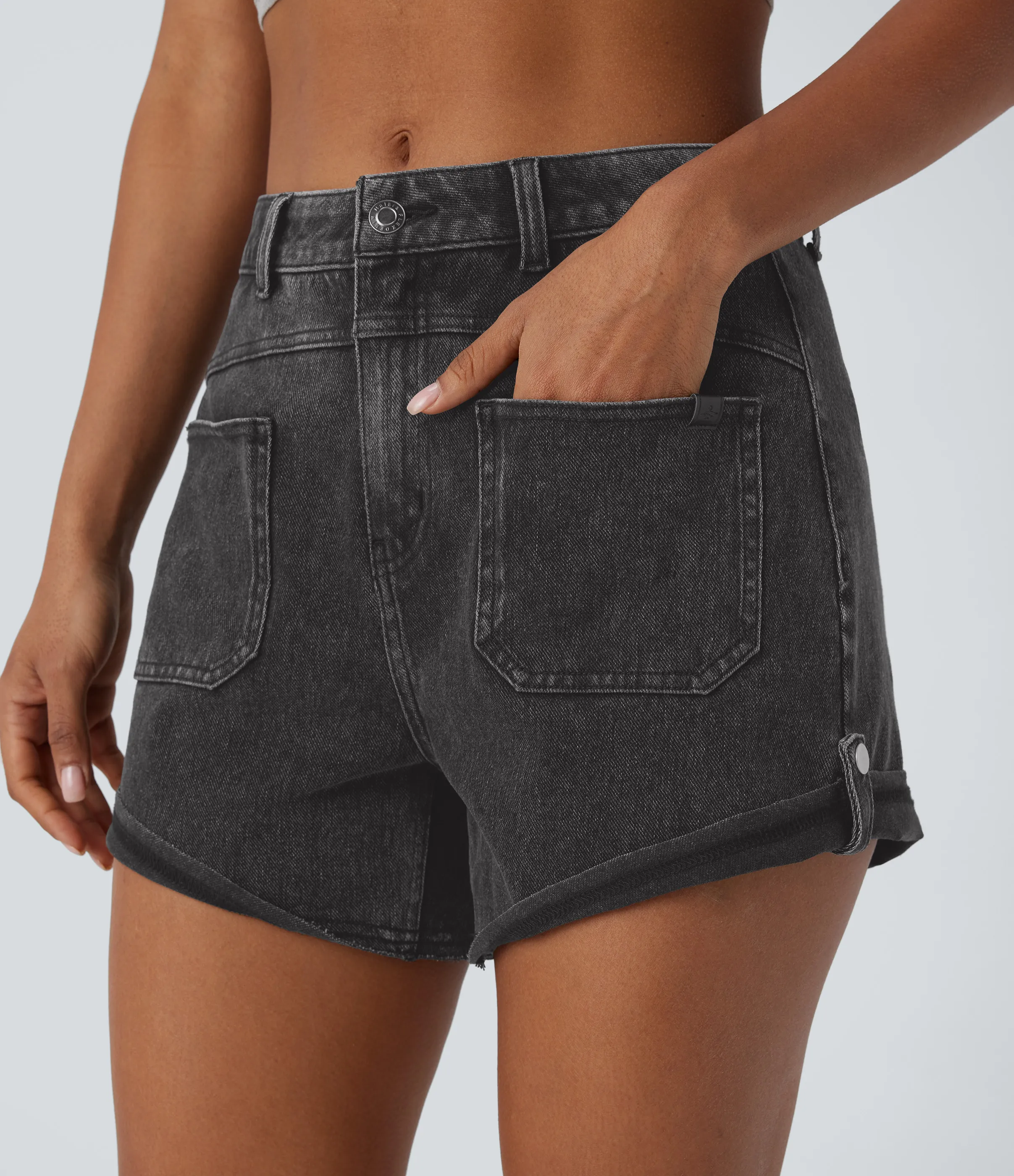 Halara Pantalón corto Halara Flex™ Denim mezclilla elástico lavado dobladillo enrollado bolsillo delantero tiro medio - Sandalwood Black Denim - XS(regular) sold by Halara product image thumbnail 5