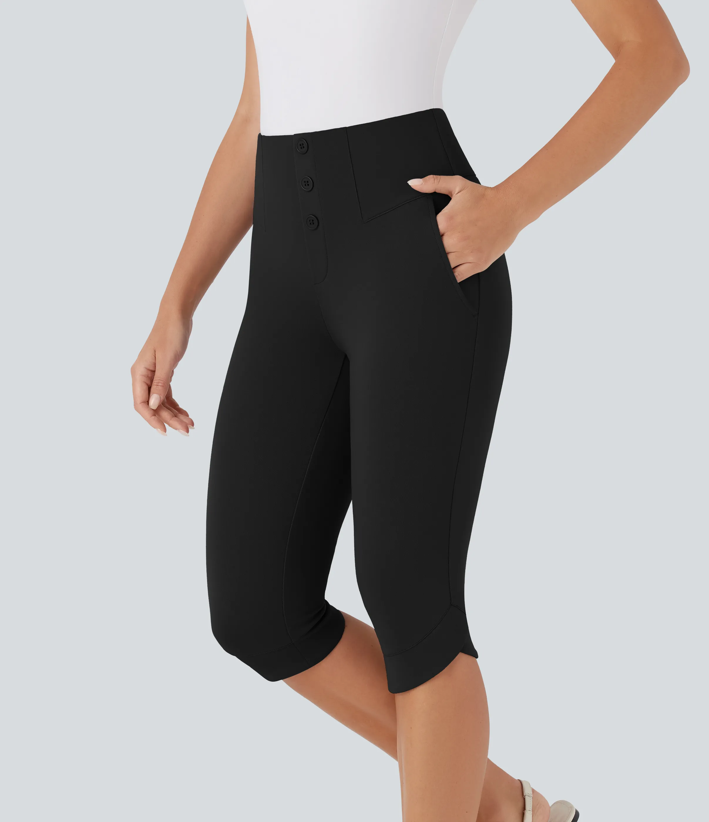 Halara Pantalón ajustado tiro alto botón decorativo bolsillo lateral dobladillo cruzado - Black - XL(regular) sold by Halara product image thumbnail 4