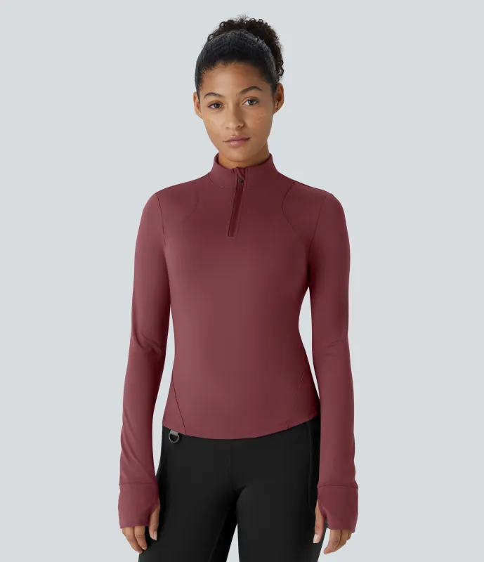 Halara Top deportivo ajustado acampar resistente desgaste cuello alto media cremallera manga larga orificio pulgar - Merlot Red - S sold by Halara