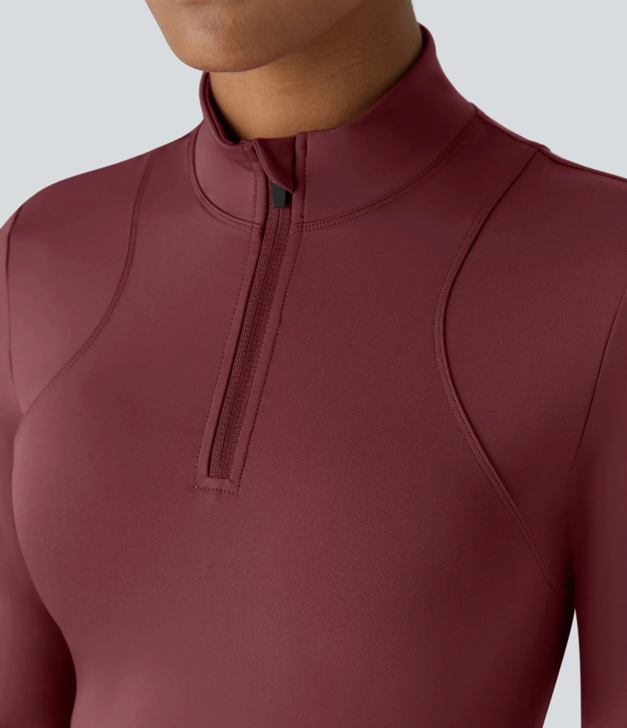 Halara Top deportivo ajustado acampar resistente desgaste cuello alto media cremallera manga larga orificio pulgar - Merlot Red - S sold by Halara product image thumbnail 5