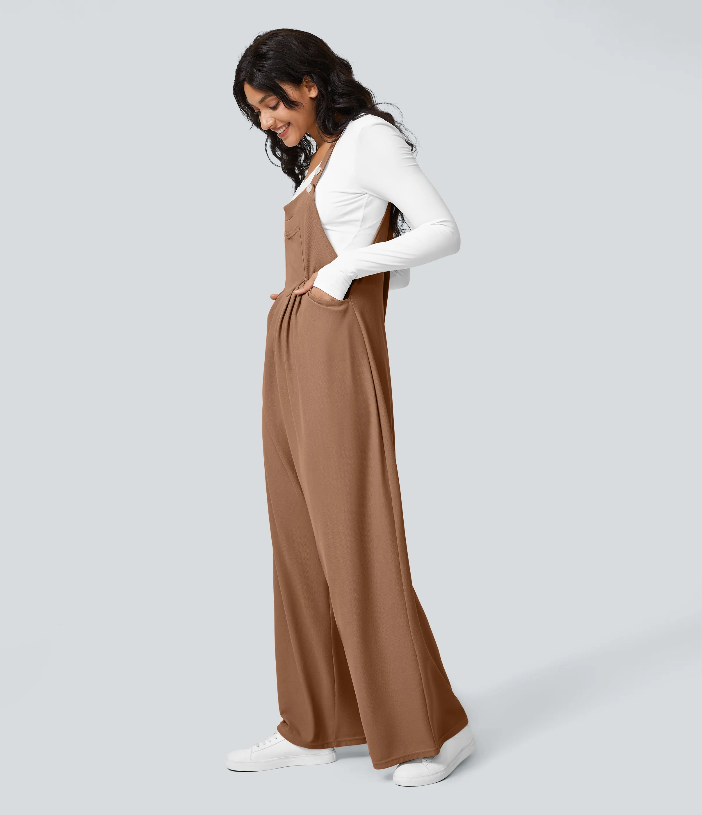 Halara Overol botón correa ajustable bolsillo múltiple gofre plisado - Macchiato - S(regular) sold by Halara product image thumbnail 5