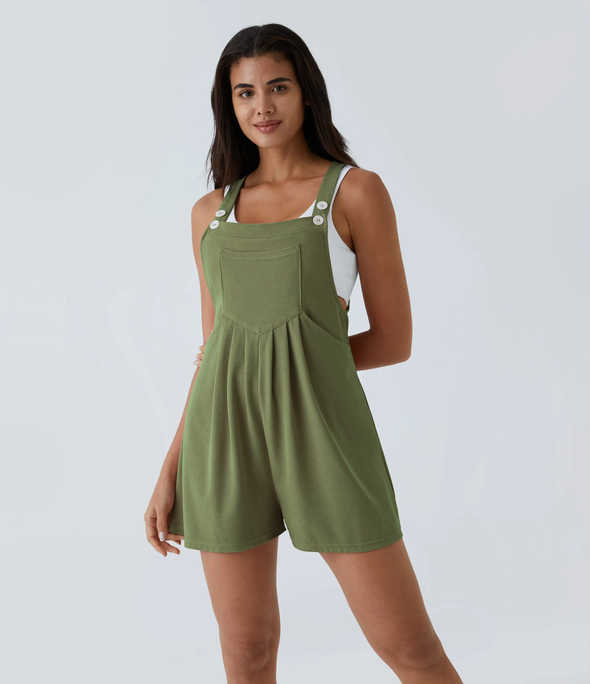 Halara Overol botón correa ajustable bolsillo múltiple gofre plisado - Loden Green - L sold by Halara product image thumbnail 2