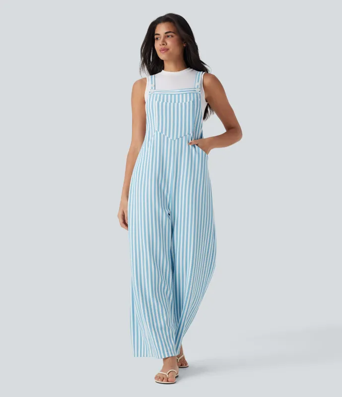 Halara Overol resort gofre raya múltiple bolsillo botón correa ajustable - Sky Stripe - XS(regular) sold by Halara