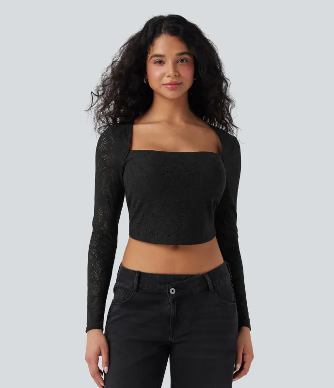 Halara Top casual ajustado con encaje recortado de manga larga y cuello cuadrado - Black - XL sold by Halara