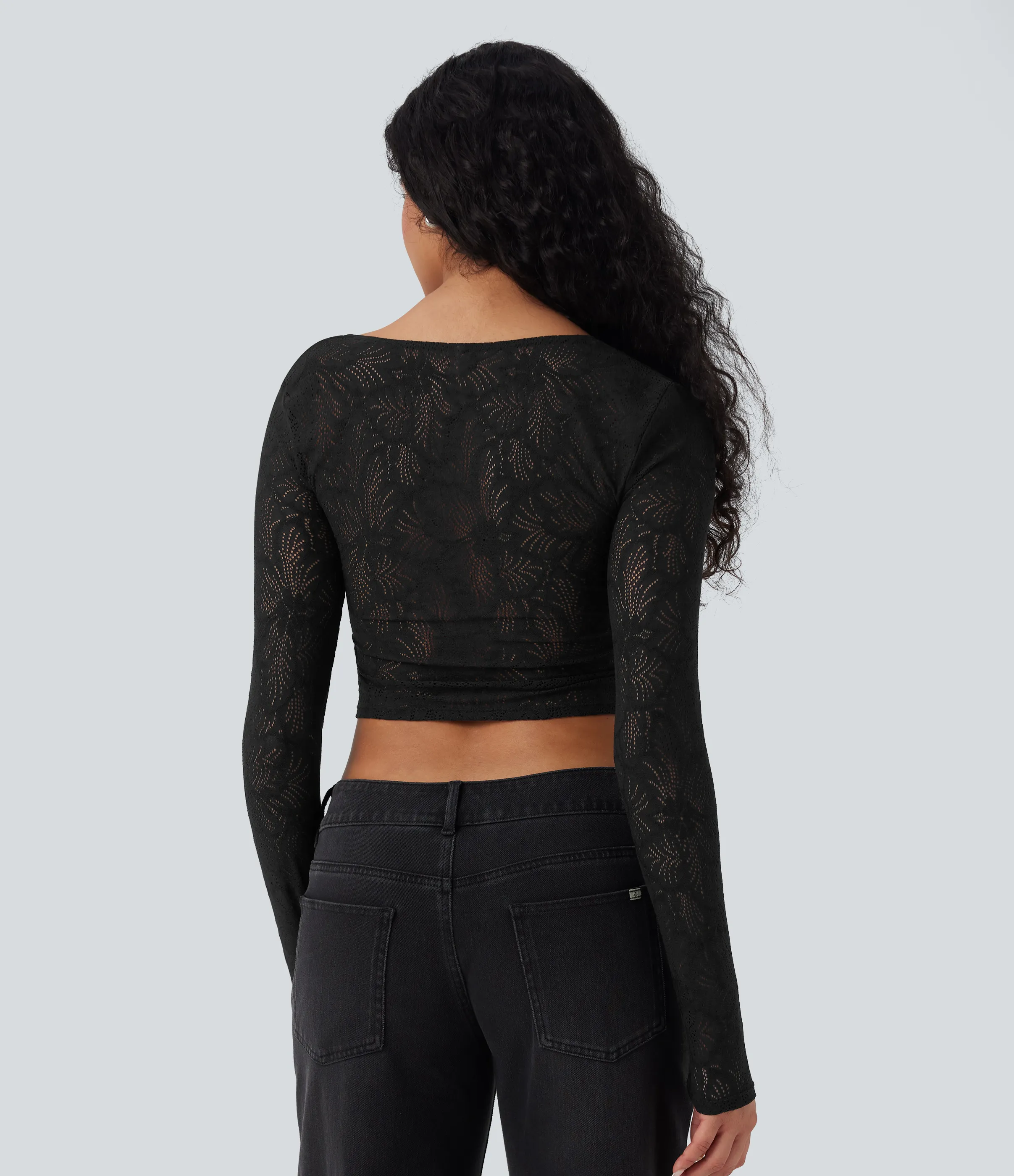 Halara Top casual ajustado con encaje recortado de manga larga y cuello cuadrado - Black - XL sold by Halara product image thumbnail 3