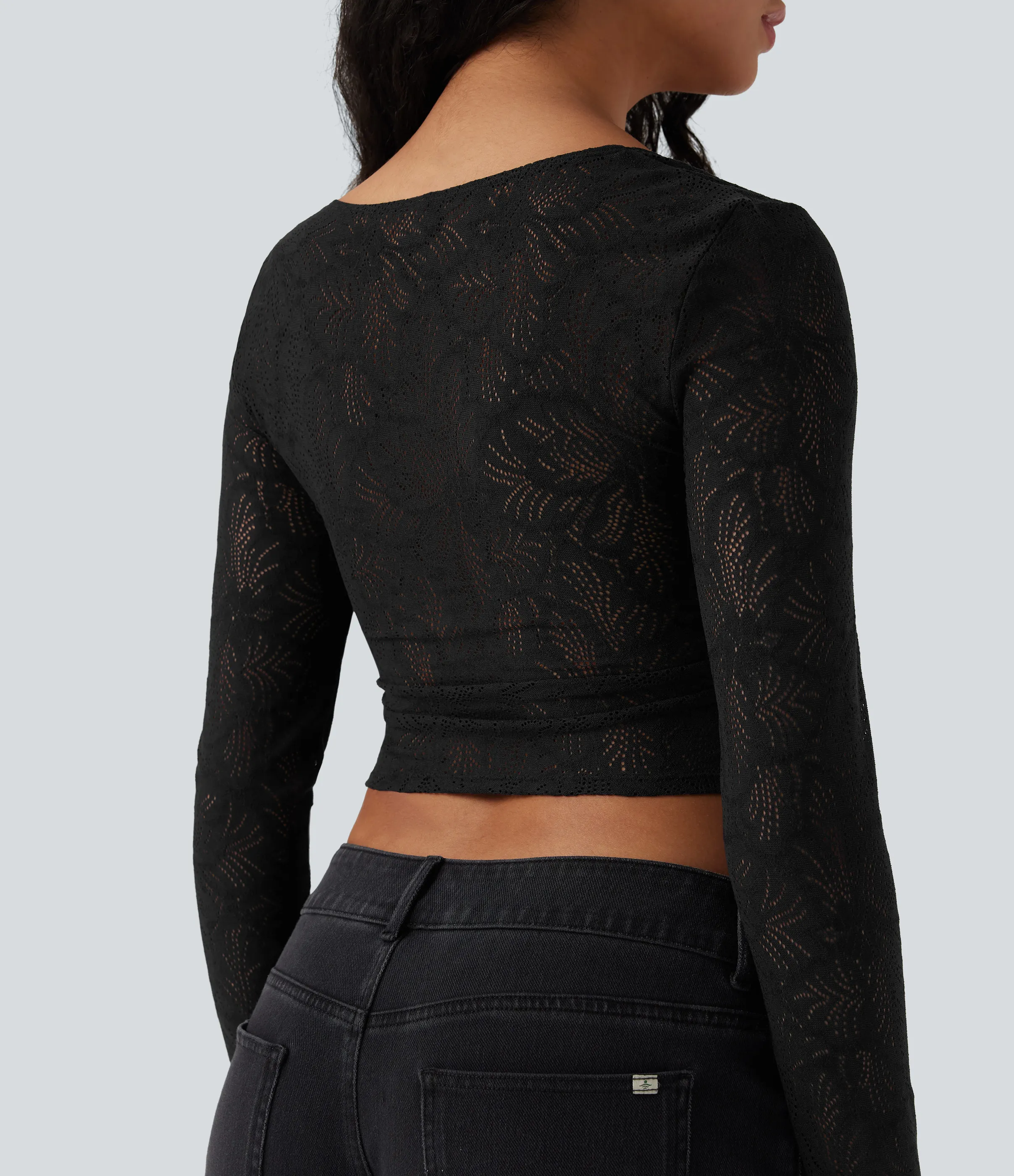 Halara Top casual ajustado con encaje recortado de manga larga y cuello cuadrado - Black - XL sold by Halara product image thumbnail 5