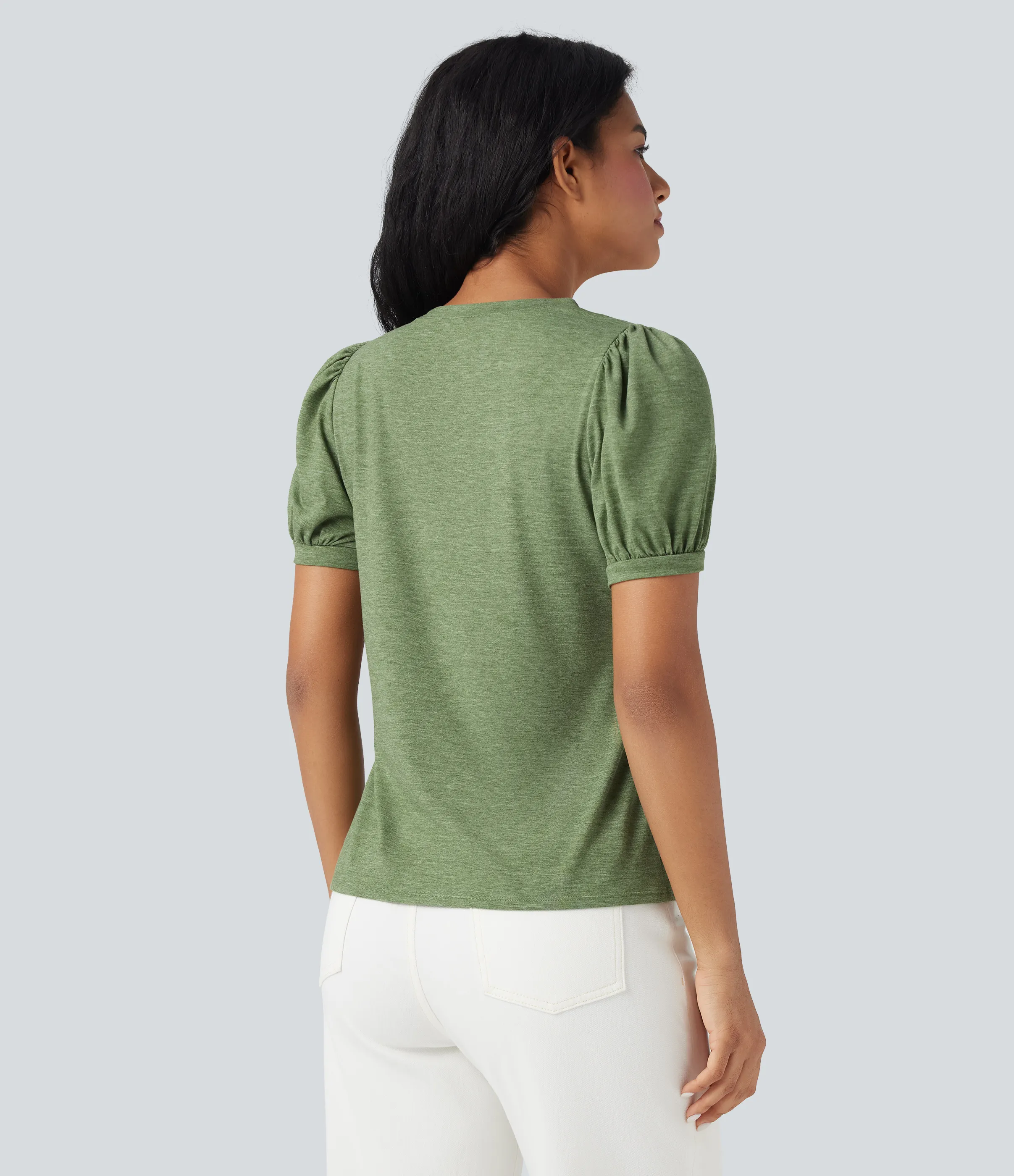 Halara Top casual de cuello redondo y manga corta abullonada - Light Green Floral Yarn - XL sold by Halara product image thumbnail 3