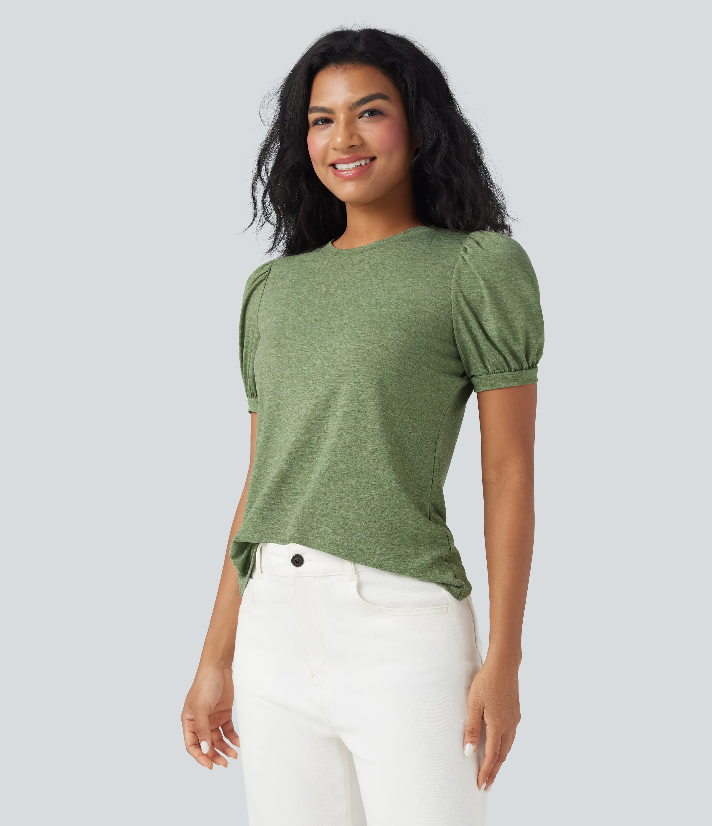 Halara Top casual de cuello redondo y manga corta abullonada - Light Green Floral Yarn - XL sold by Halara product image thumbnail 4