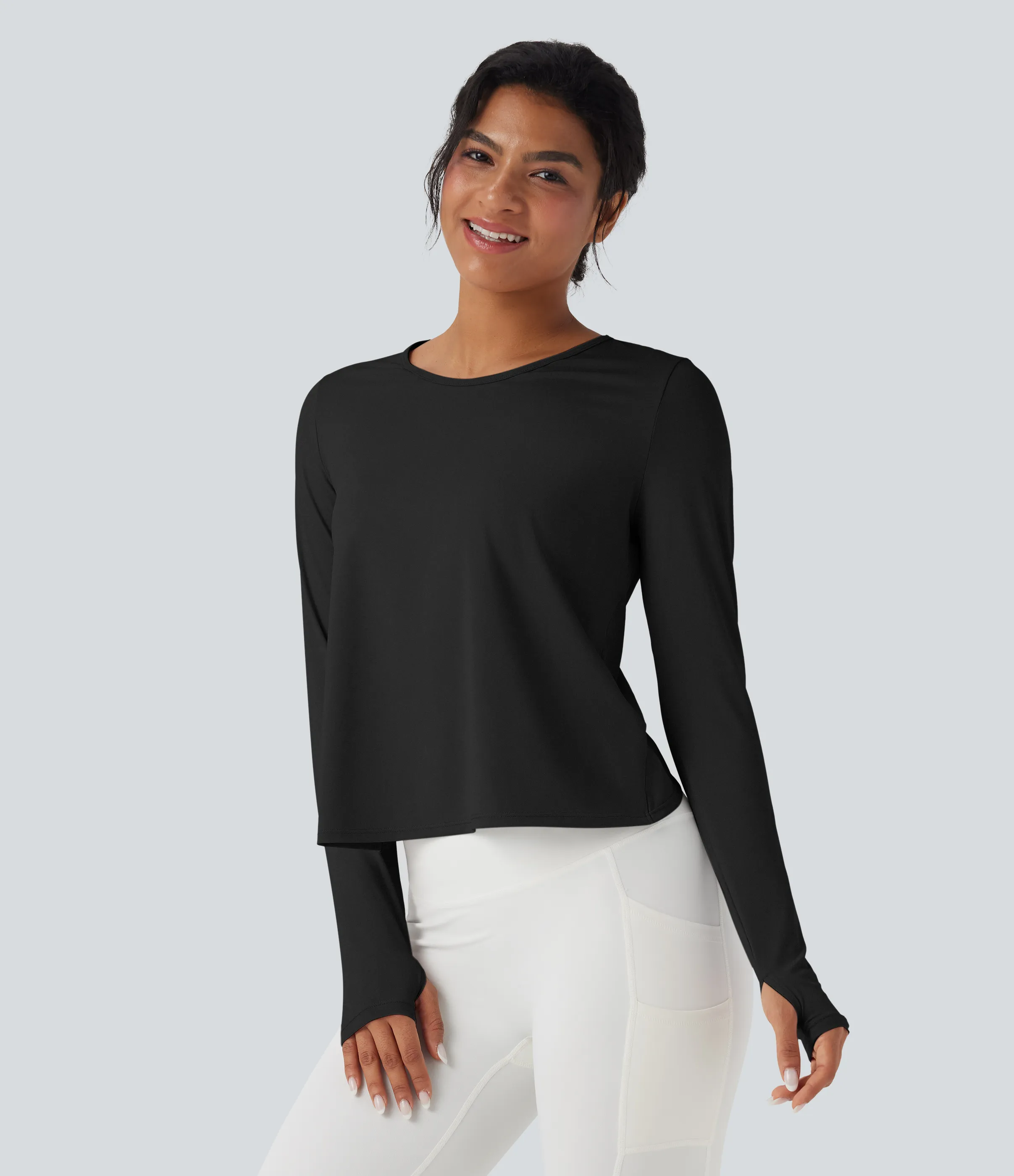 Halara Top deportivo de yoga de manga larga con abertura para el pulgar y dobladillo curvo cruzado - Black - L sold by Halara product image thumbnail 3