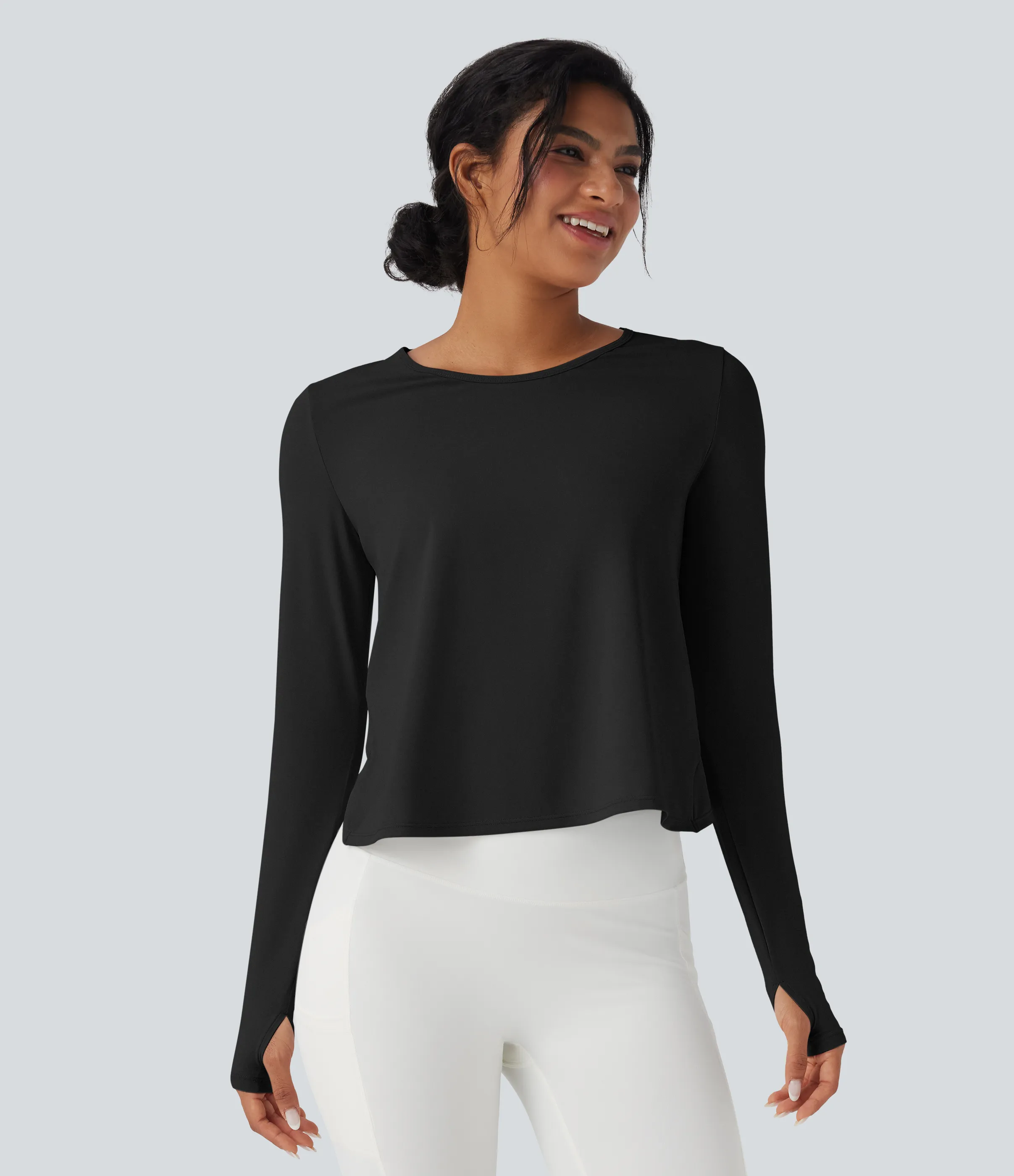 Halara Top deportivo de yoga de manga larga con abertura para el pulgar y dobladillo curvo cruzado - Black - L sold by Halara product image thumbnail 4