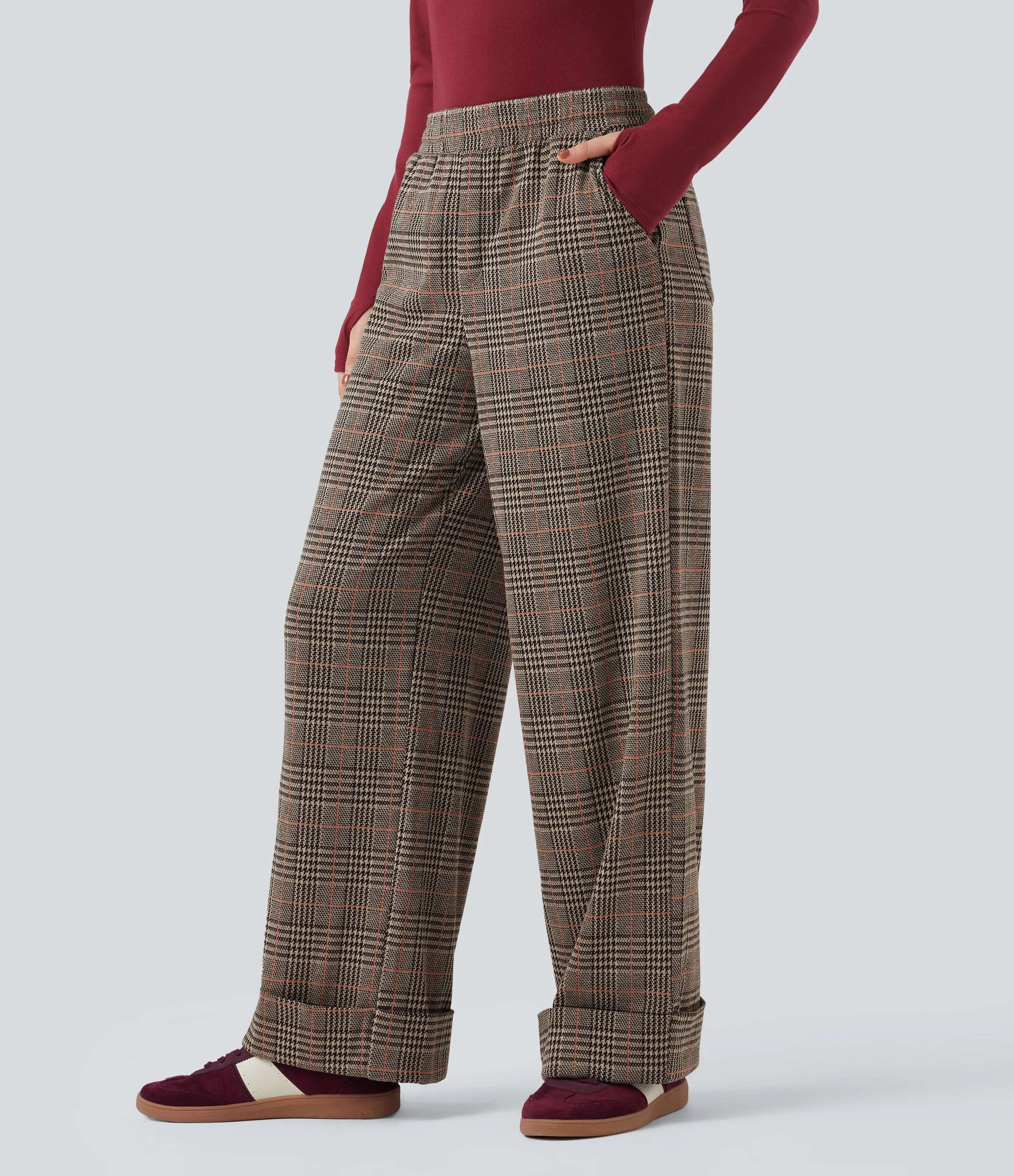 Halara Pantalones casuales anchos de pata de gallo con tiro medio, cordón ajustable y bolsillos - Desert Houndstooth Pattern - S(regular) sold by Halara product image thumbnail 4