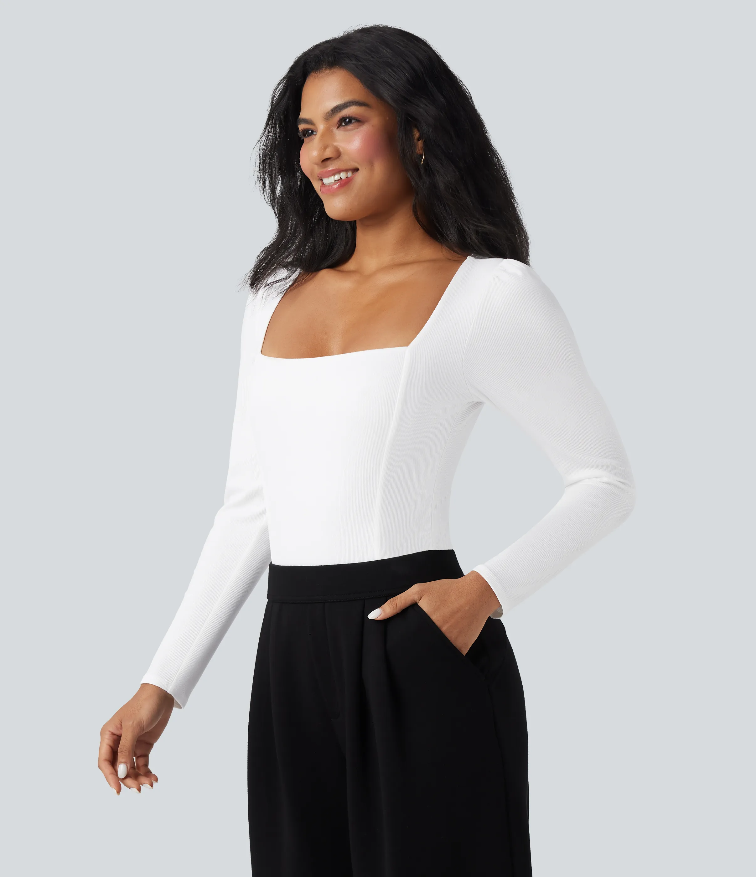Halara Body casual ajustado acanalado de manga larga con cuello cuadrado - White - XL sold by Halara product image thumbnail 4