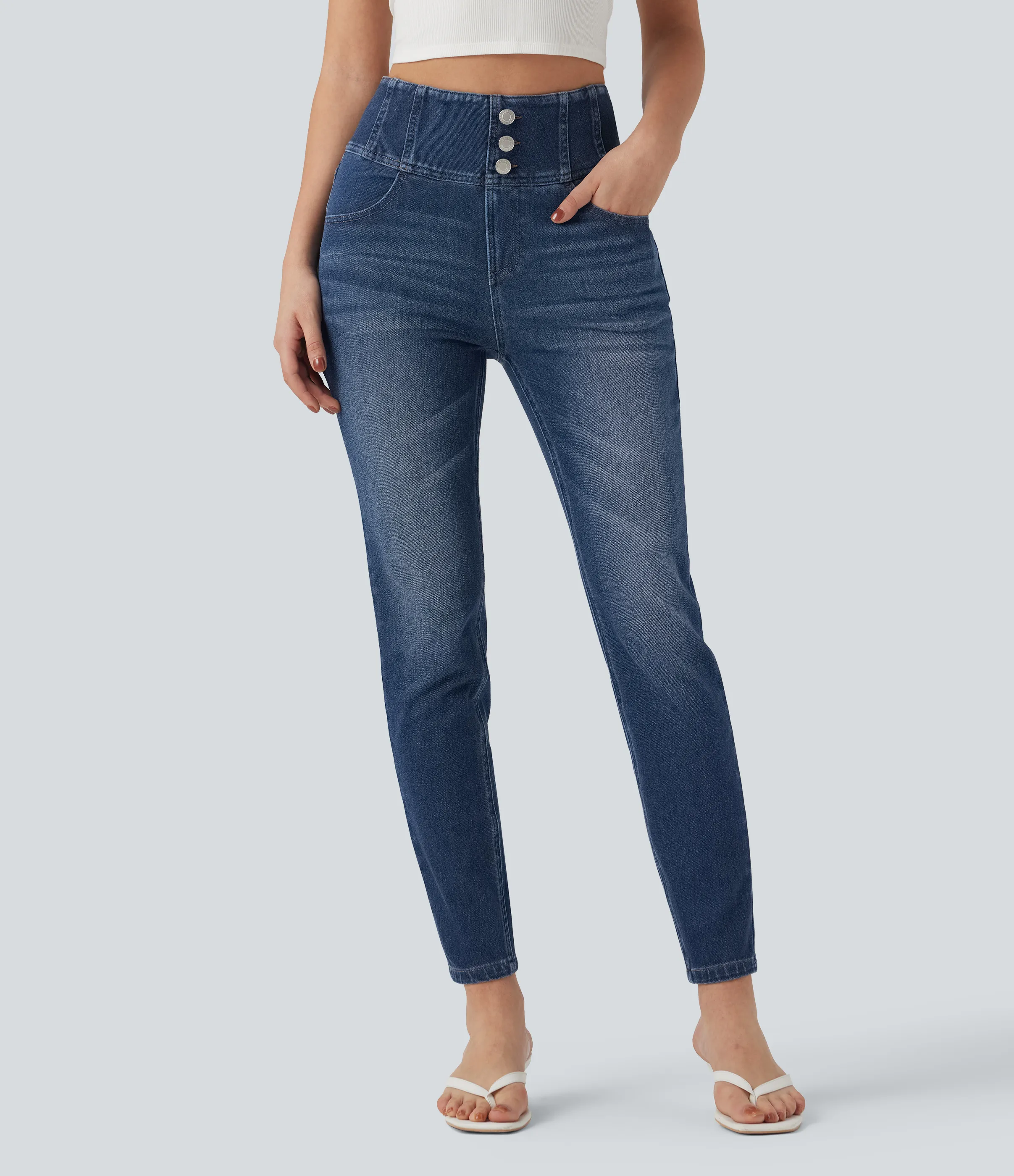 Halara Jeans ajustados casuales Halara Flex™ de tiro alto con bolsillos - Estate Blue Denim - XS(regular) sold by Halara