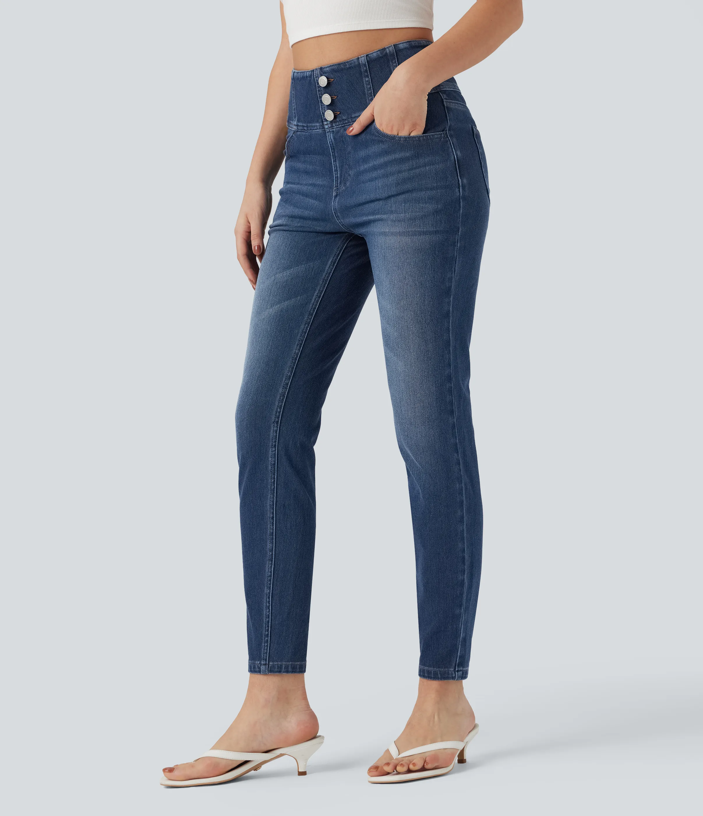 Halara Jeans ajustados casuales Halara Flex™ de tiro alto con bolsillos - Estate Blue Denim - XS(regular) sold by Halara product image thumbnail 4