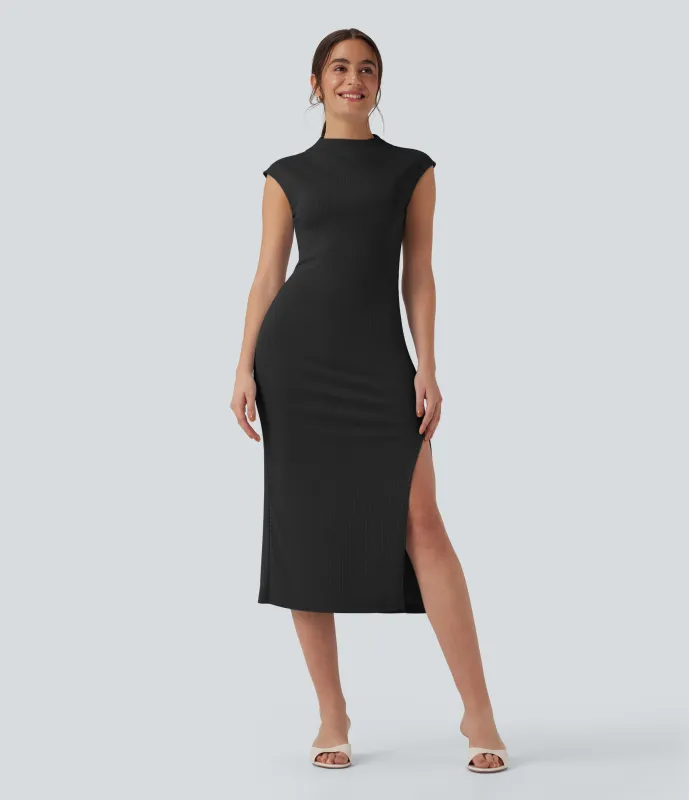 Halara Vestido casual ajustado midi de punto acanalado con cuello alto y manga corta - Black - L sold by Halara