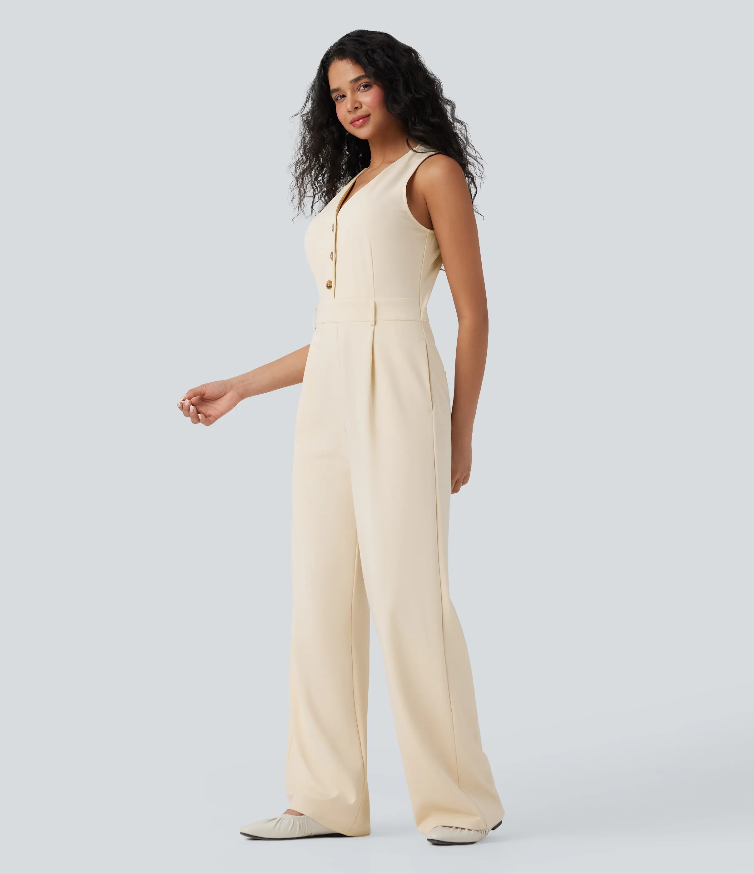 Halara Jumpsuit casual sin mangas con cuello en V y bolsillos - Easy Peezy - Arctic Wolf - XS(regular) sold by Halara product image thumbnail 4