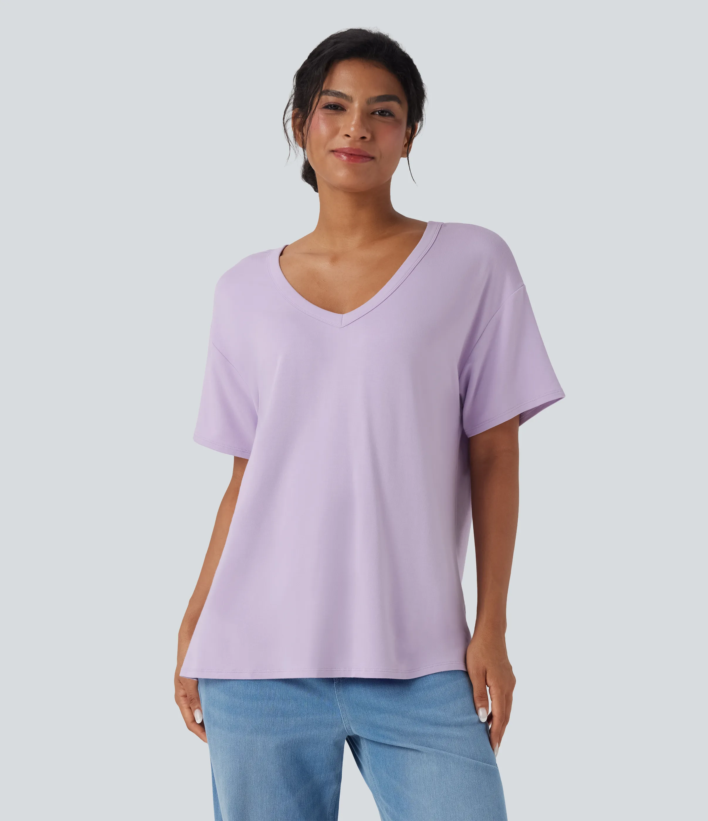 Halara Top casual holgado de manga corta con escote en V profundo - Misty Purple - S sold by Halara