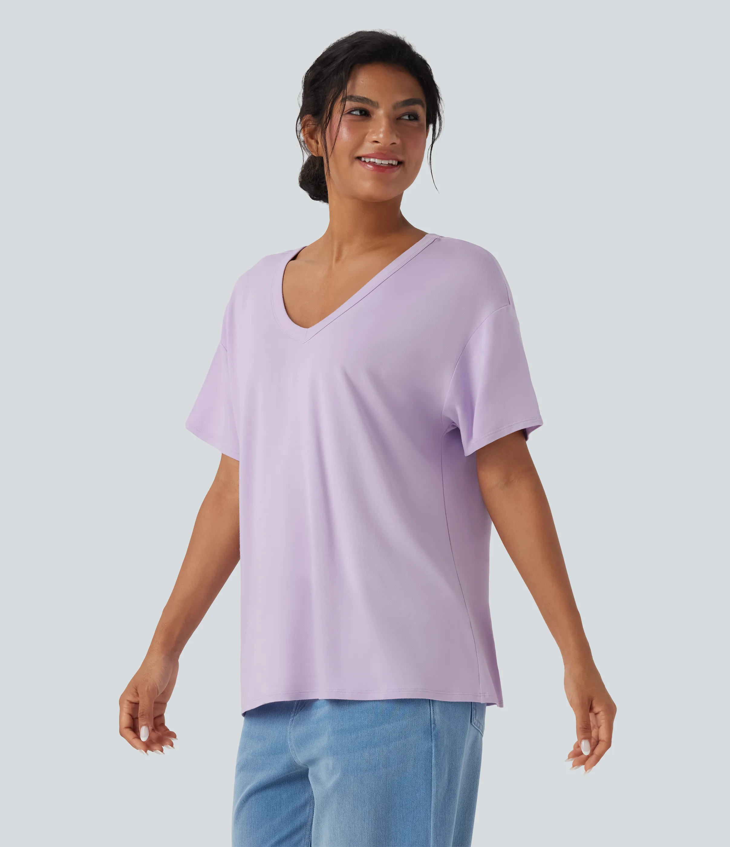 Halara Top casual holgado de manga corta con escote en V profundo - Misty Purple - S sold by Halara product image thumbnail 4