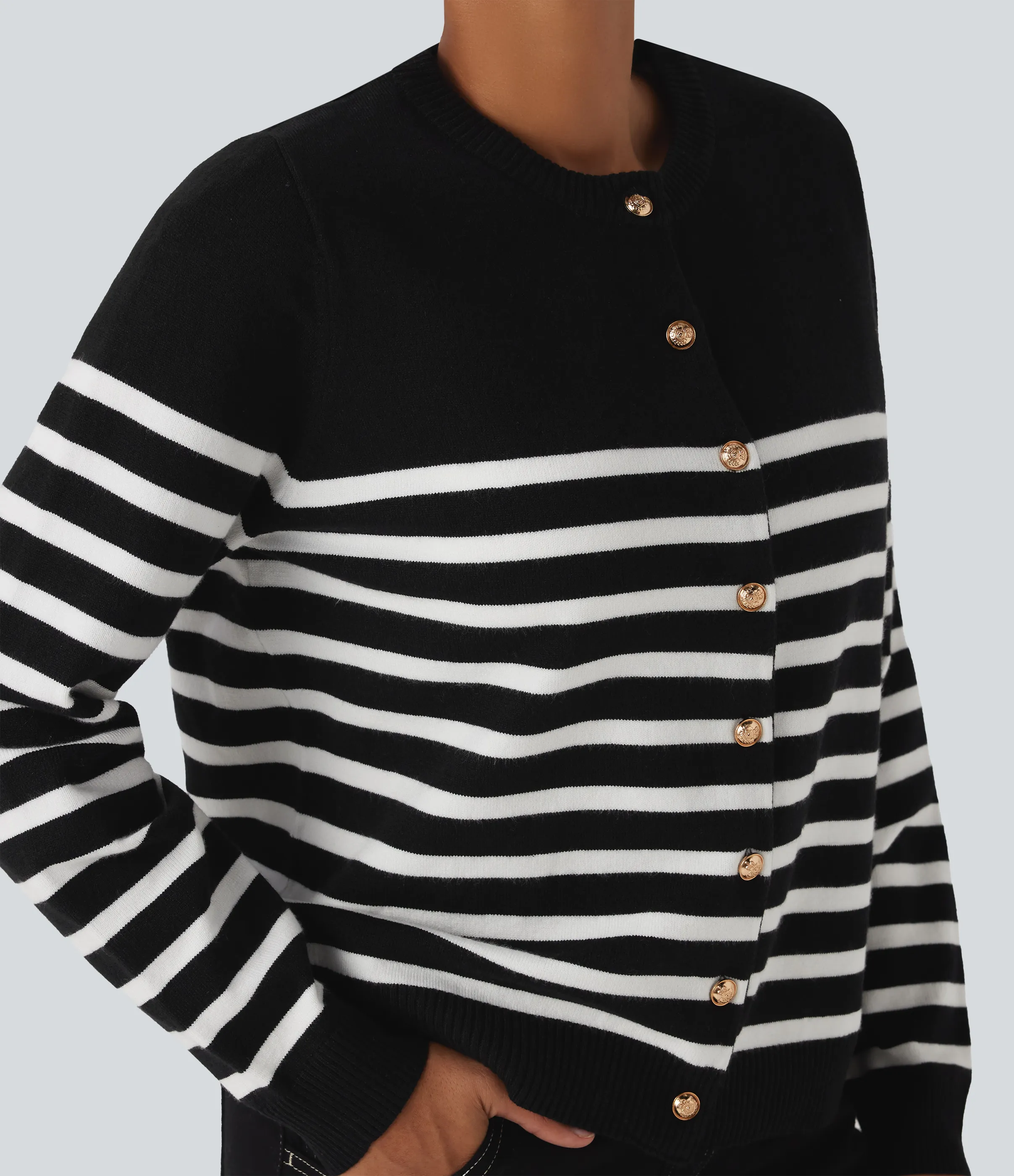 Halara Cárdigan de trabajo a rayas con bloques de color - Black White Horizontal Stripe - XS sold by Halara product image thumbnail 5