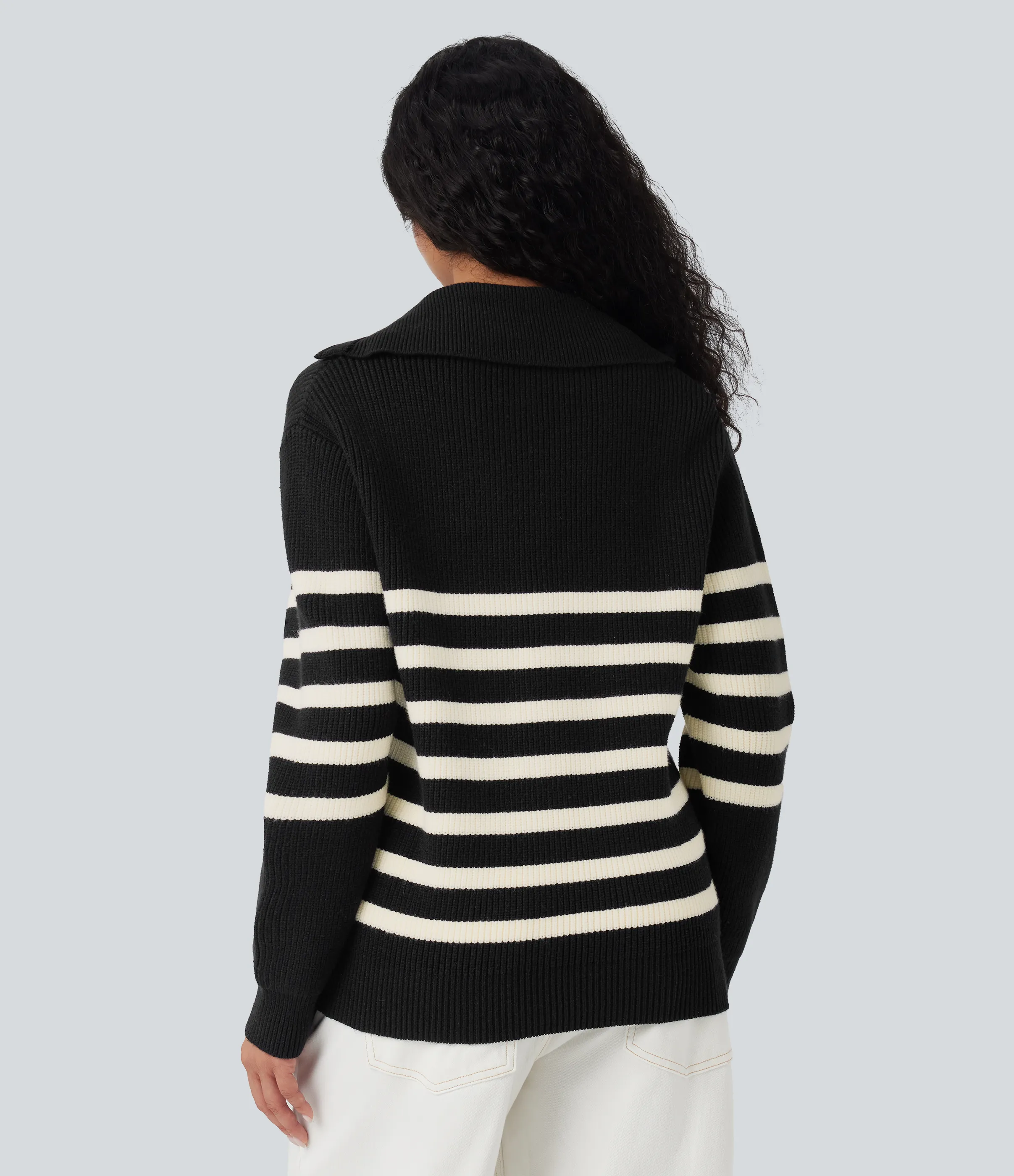 Halara Suéter casual de rayas con bloques de color y solapa con media cremallera - Black - XS sold by Halara product image thumbnail 3