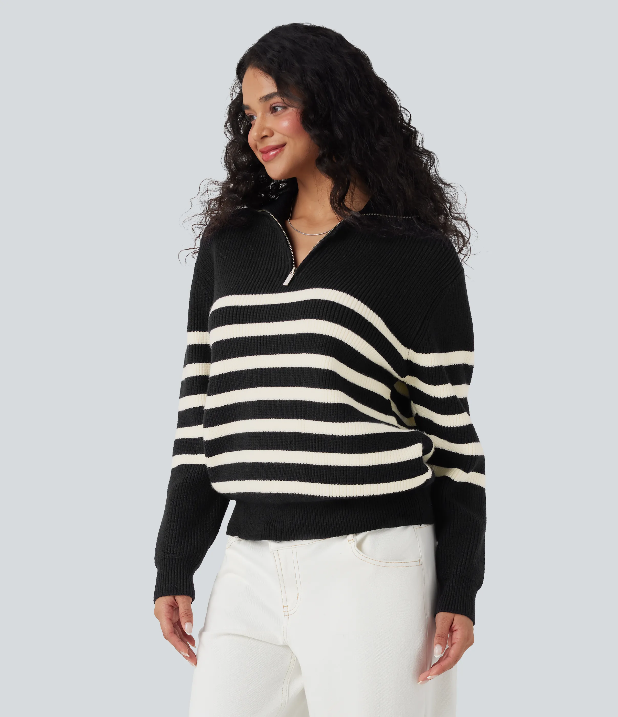 Halara Suéter casual de rayas con bloques de color y solapa con media cremallera - Black - XS sold by Halara product image thumbnail 4