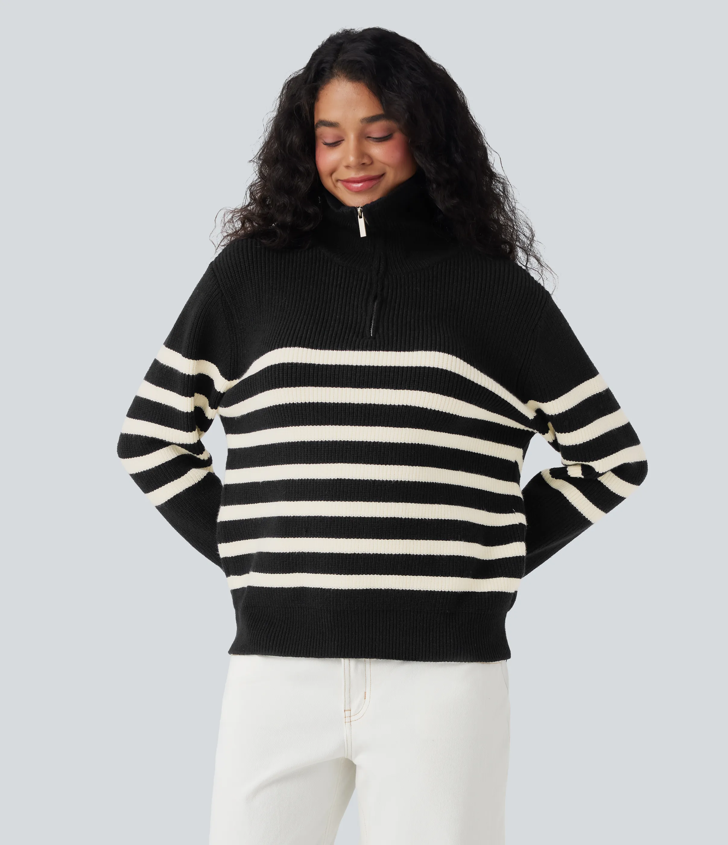 Halara Suéter casual de rayas con bloques de color y solapa con media cremallera - Black - XS sold by Halara product image thumbnail 5