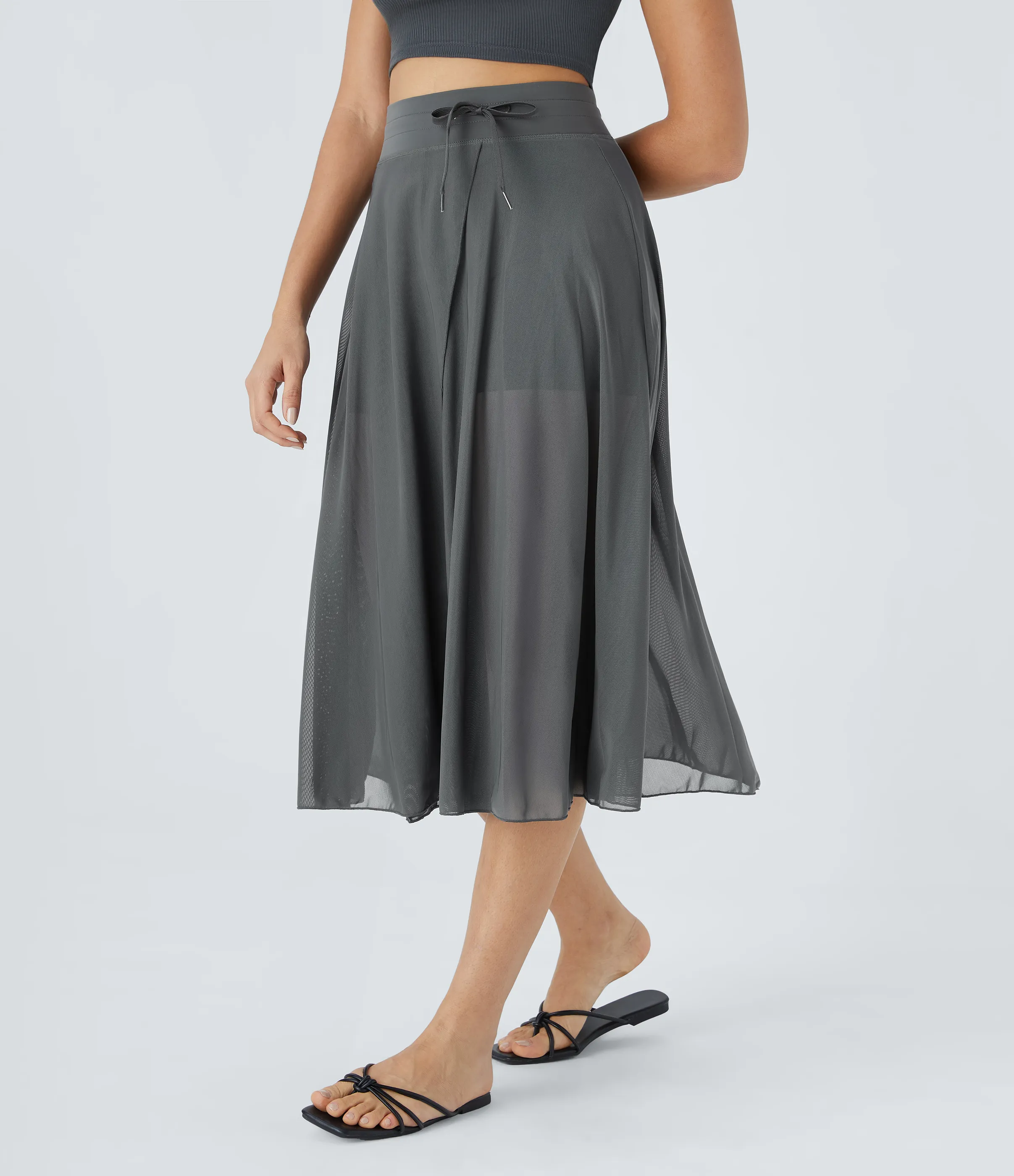 Halara Falda midi casual 2 en 1 acampanada con bolsillo lateral de tiro alto con cordón y malla en contraste - Dark Shadow - L sold by Halara product image thumbnail 4