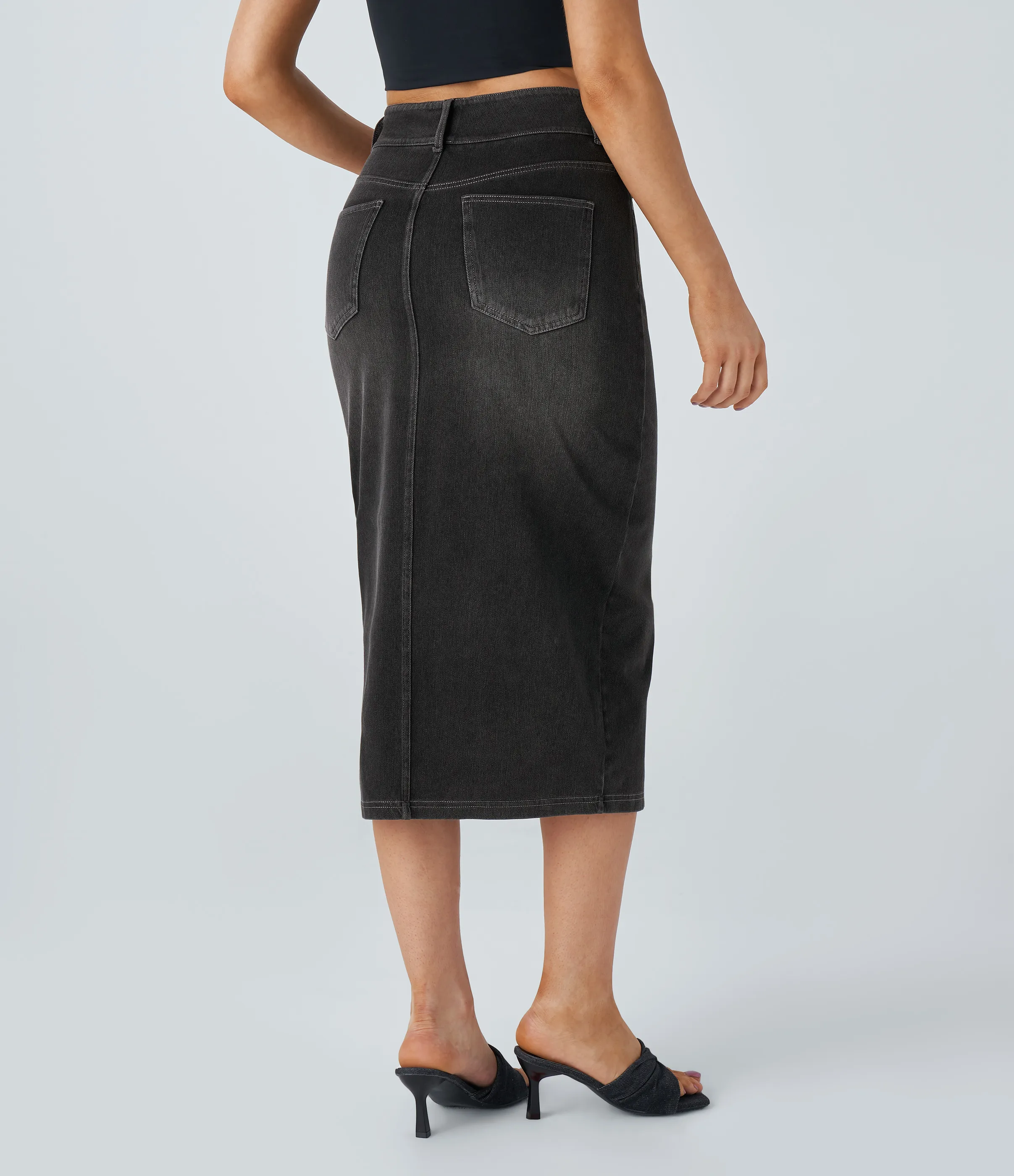 Halara Falda Midi Halara Flex™ Denim elástica de tiro alto descolorida con múltiples bolsillos - Dirty Grey Black Denim - S(regular) sold by Halara product image thumbnail 3