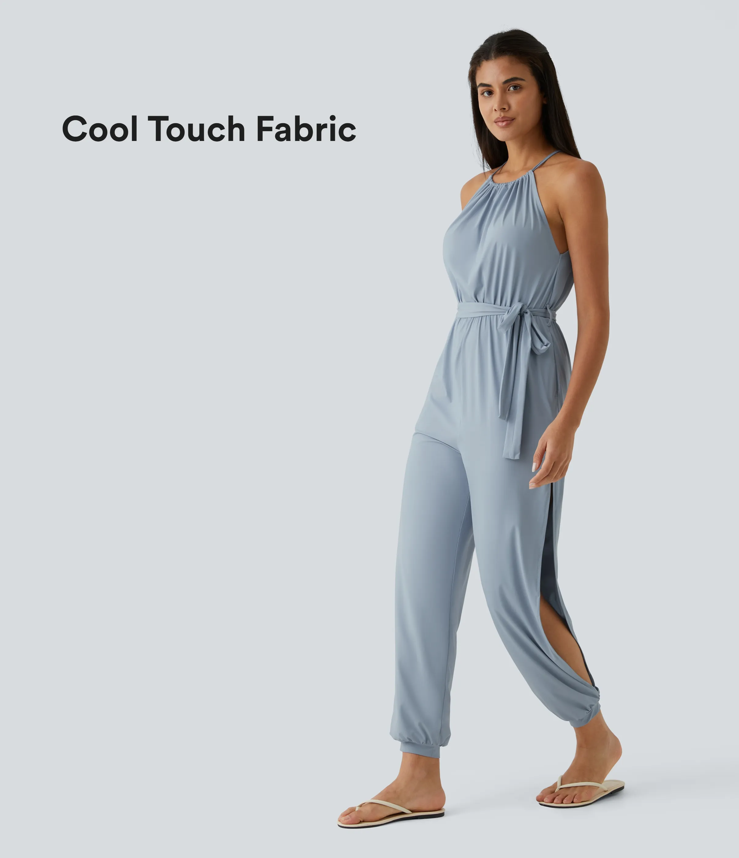 Halara Mono sin manga lazo espalda plisado cinturón bolsillo lateral cut-out tacto fresco Resort - Blue Fog - XS(tall) sold by Halara product image thumbnail 2