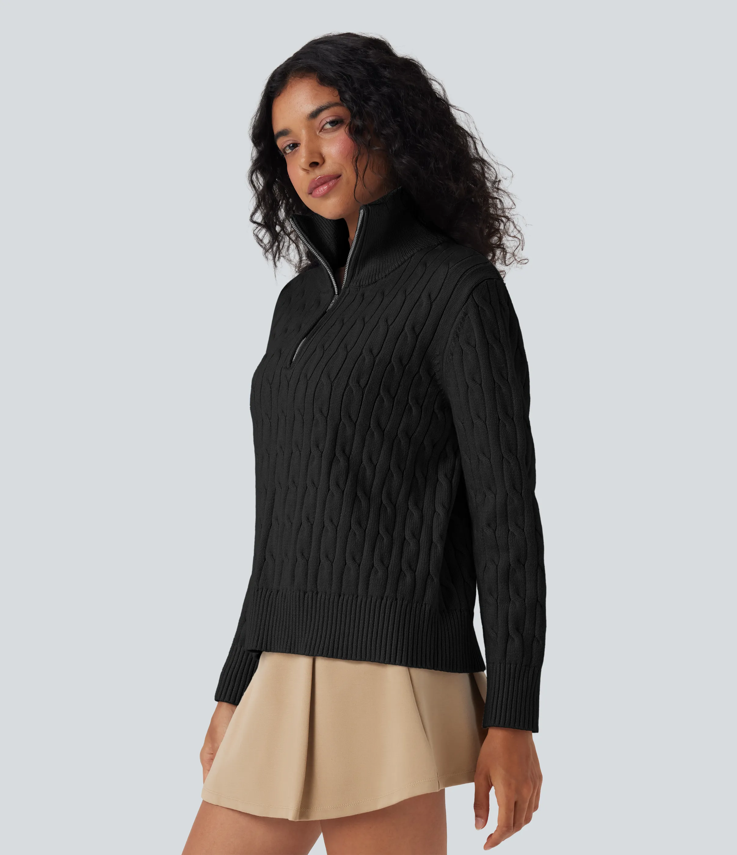 Halara Suéter de oficina de punto trenzado con cuello alto y media cremallera - Black - S sold by Halara product image thumbnail 4