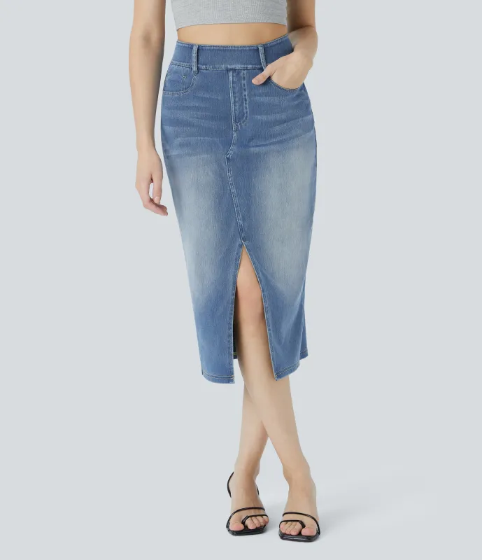 Halara Falda Midi Halara Flex™ Denim elástica de tiro alto descolorida con múltiples bolsillos - Frost Blue Denim - S(regular) sold by Halara