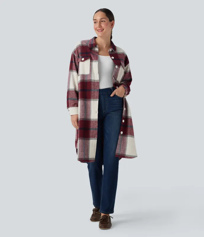 Halara Chaqueta casual larga con dobladillo curvo a cuadros y bolsillos - Wine Red Square - XS sold by Halara