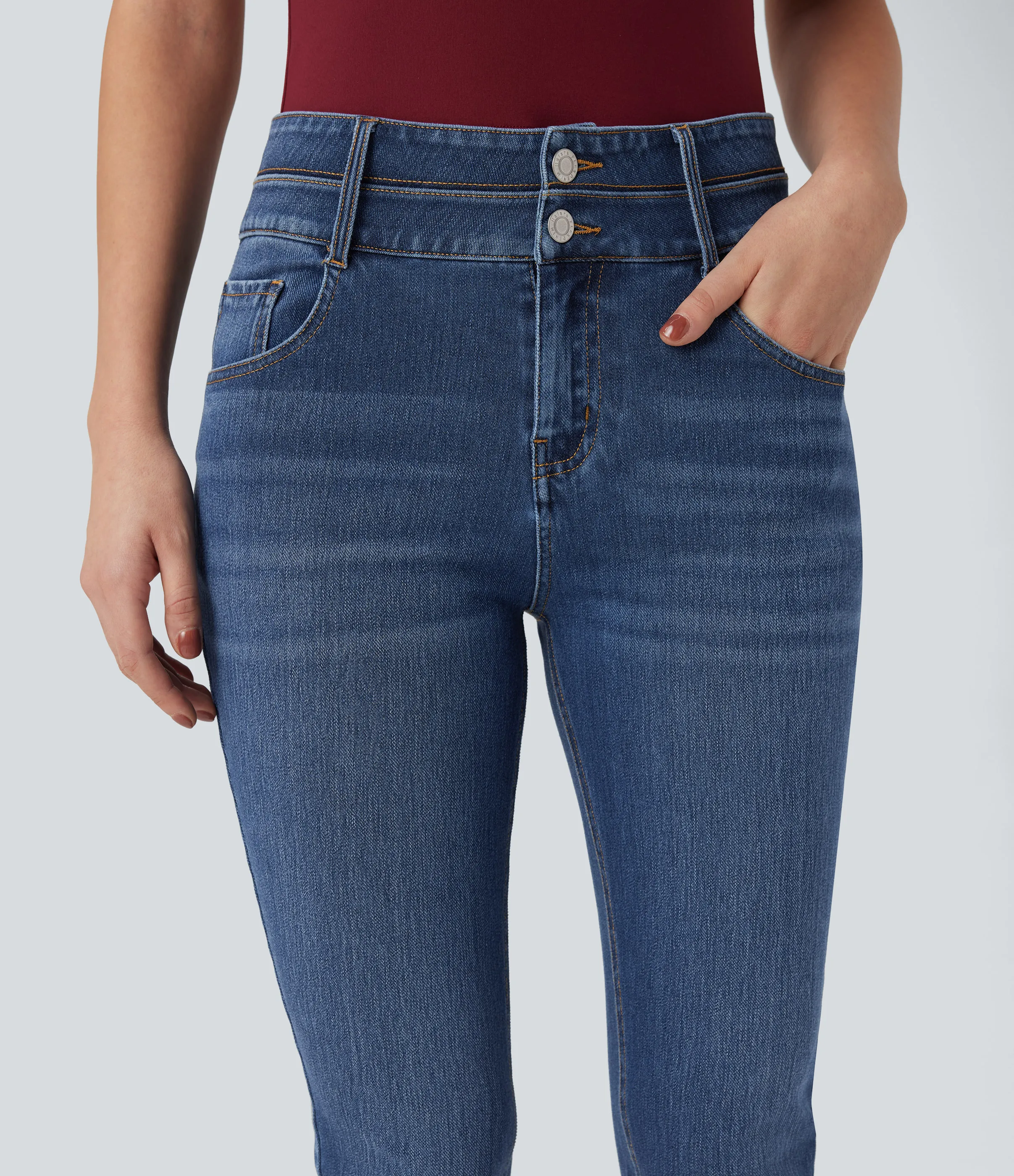 Halara Jeans ajustados casuales Halara Flex™ de tiro medio con cintura doble y bolsillos - Estate Blue Denim - XL(regular) sold by Halara product image thumbnail 5