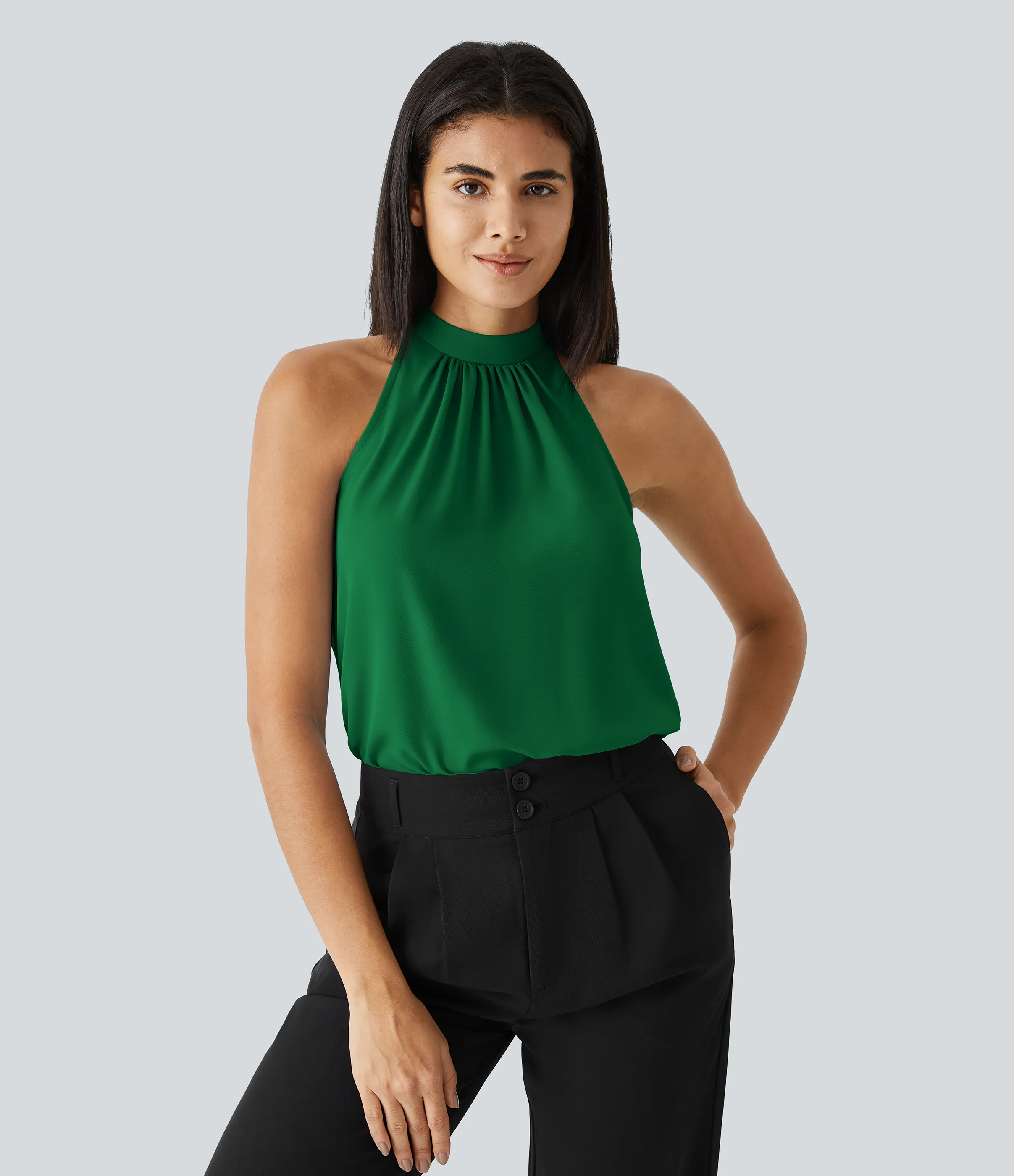 Halara Blusa oficina dobladillo curvado sin manga plisada abertura espalda halter - Abundant Green - XS sold by Halara product image thumbnail 4
