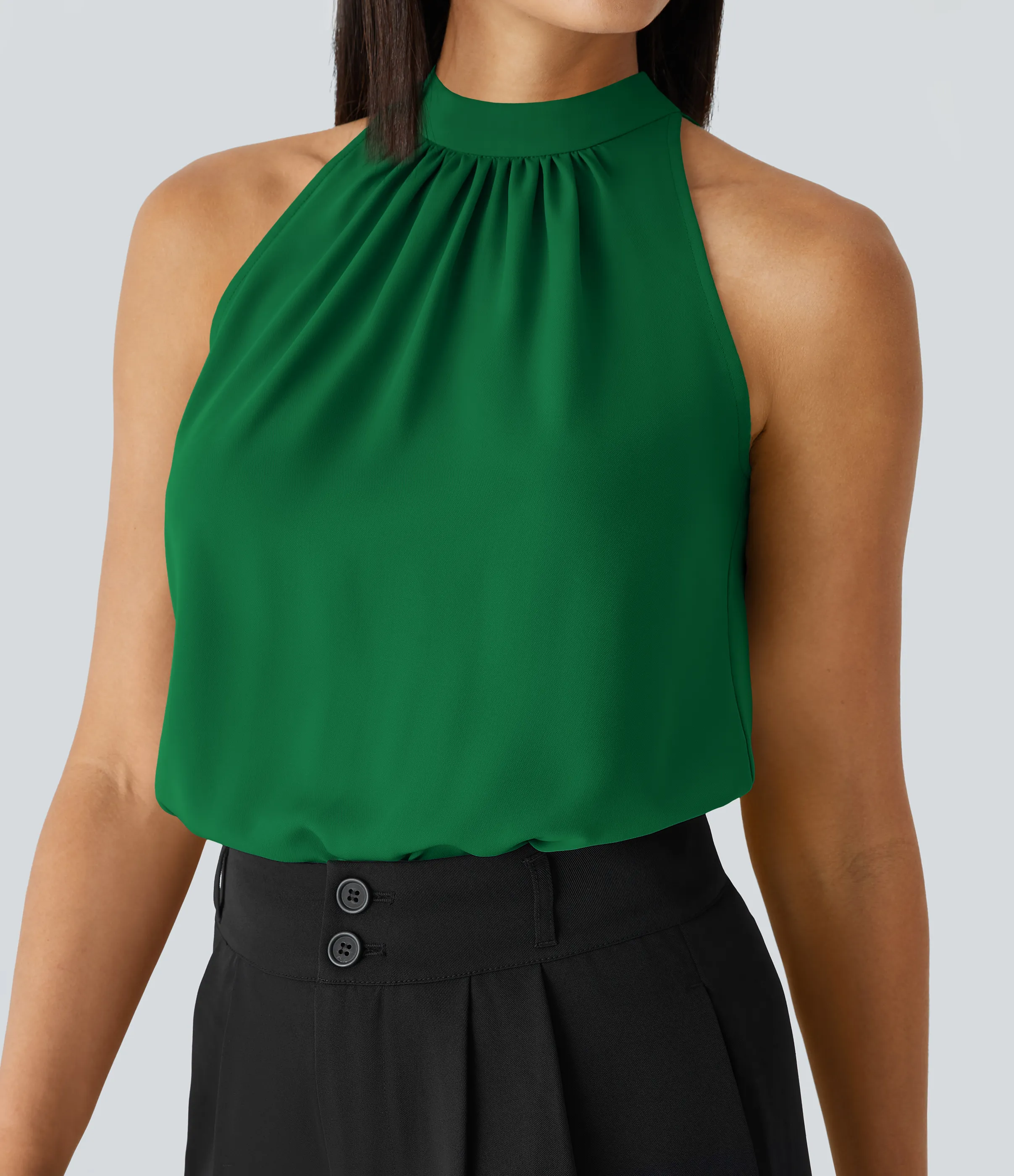 Halara Blusa oficina dobladillo curvado sin manga plisada abertura espalda halter - Abundant Green - XS sold by Halara product image thumbnail 5