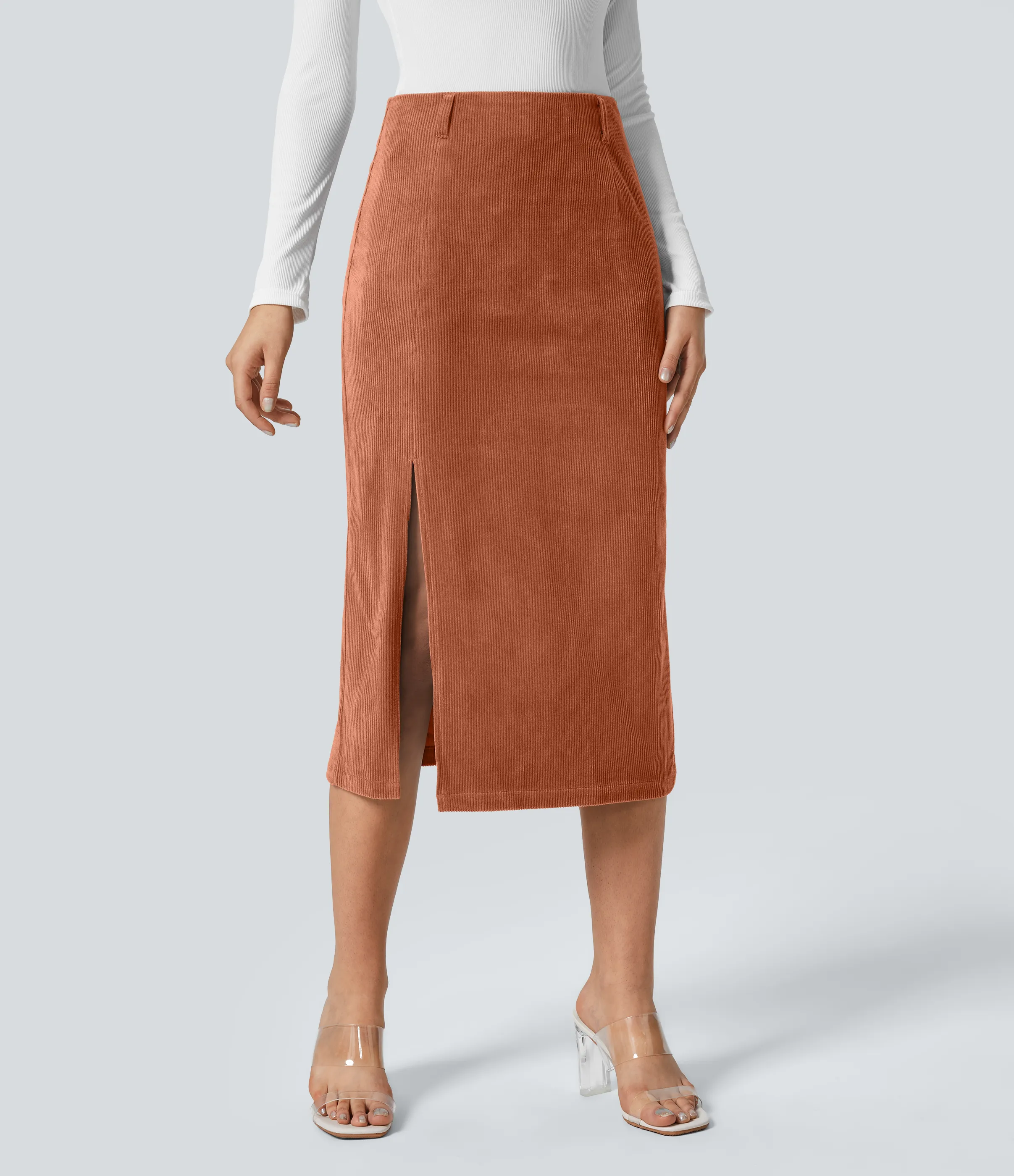 Halara Falda de pana midi con abertura y tiro alto con cremallera invisible - Baked Clay - S(regular) sold by Halara product image thumbnail 2