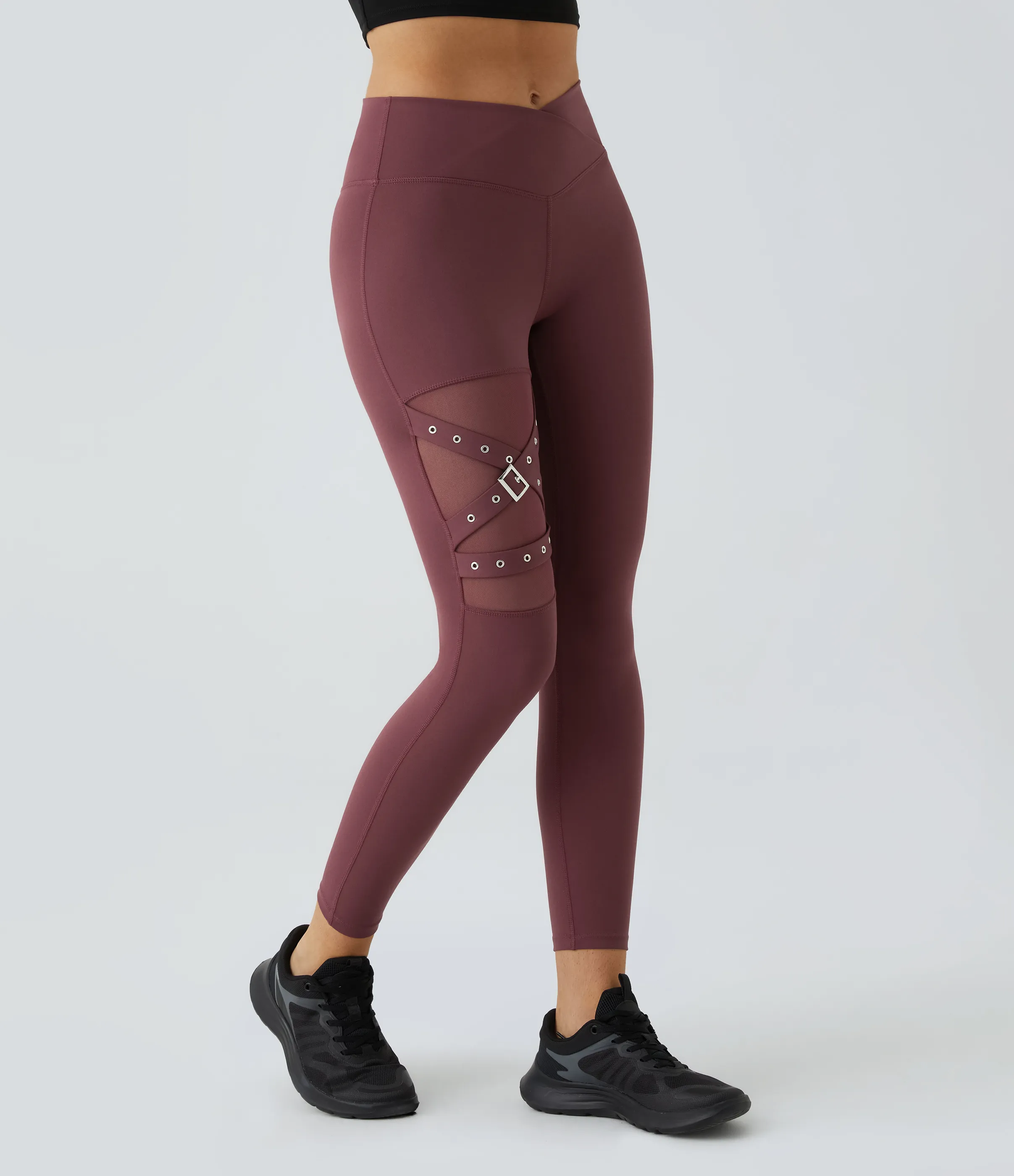 Halara Leggings yoga hebilla decorativa malla contrastante cruzada tiro alto - Red Mahogany - M(full_length) sold by Halara product image thumbnail 4