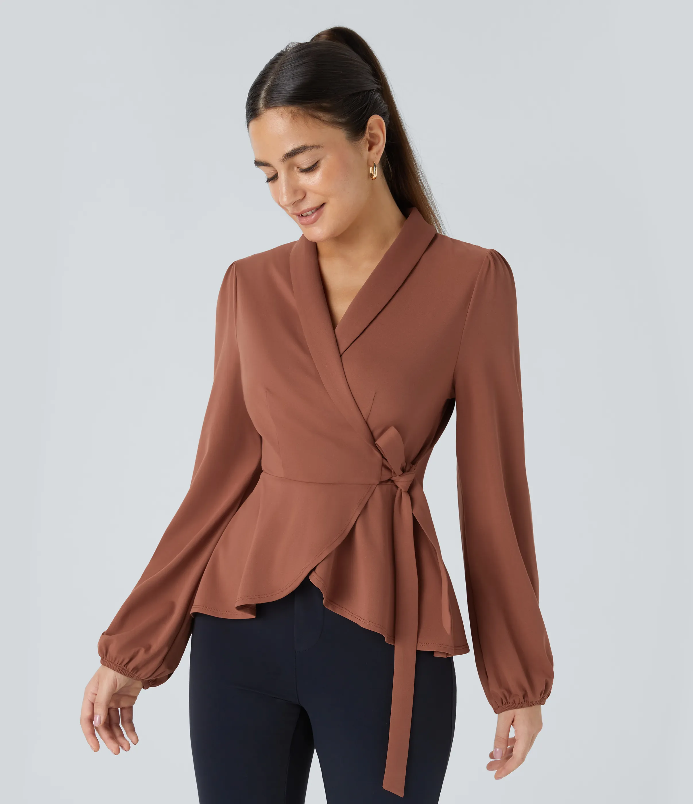 Halara Blusa oficina cuello chal lazo lateral cruzado dobladillo volante - Maple Syrup - M sold by Halara product image thumbnail 4