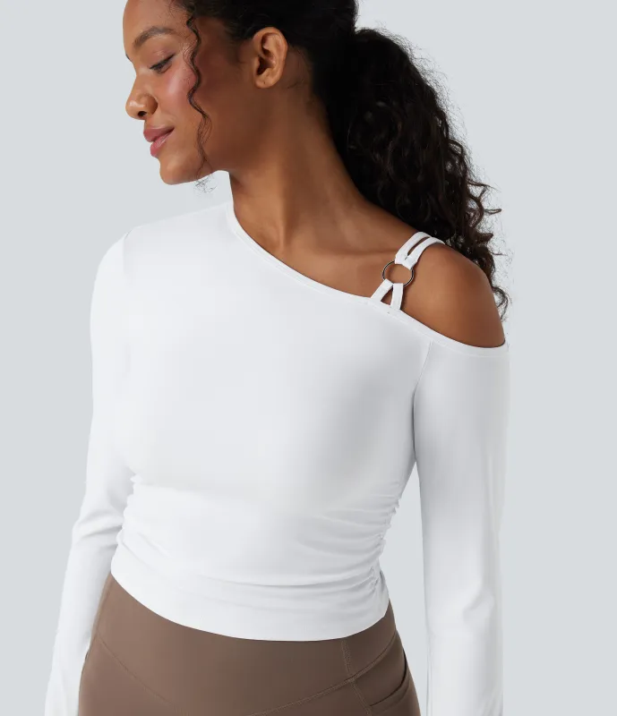Halara Top deportivo de yoga SoftlyZero™ Airy de tacto fresco de manga larga fruncida con un solo hombro y aberturas para los pulgares - UPF 50+ - White - M sold by Halara