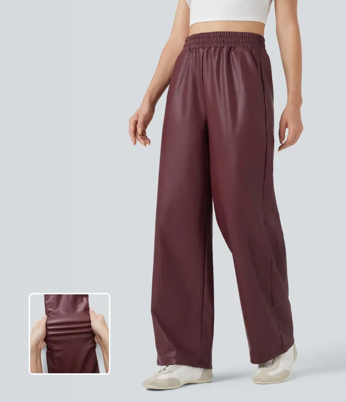 Halara Pantalones casuales de cuero sintético con tiro alto y pierna recta con bolsillos - Red Mahogany - S(regular) made by Halara