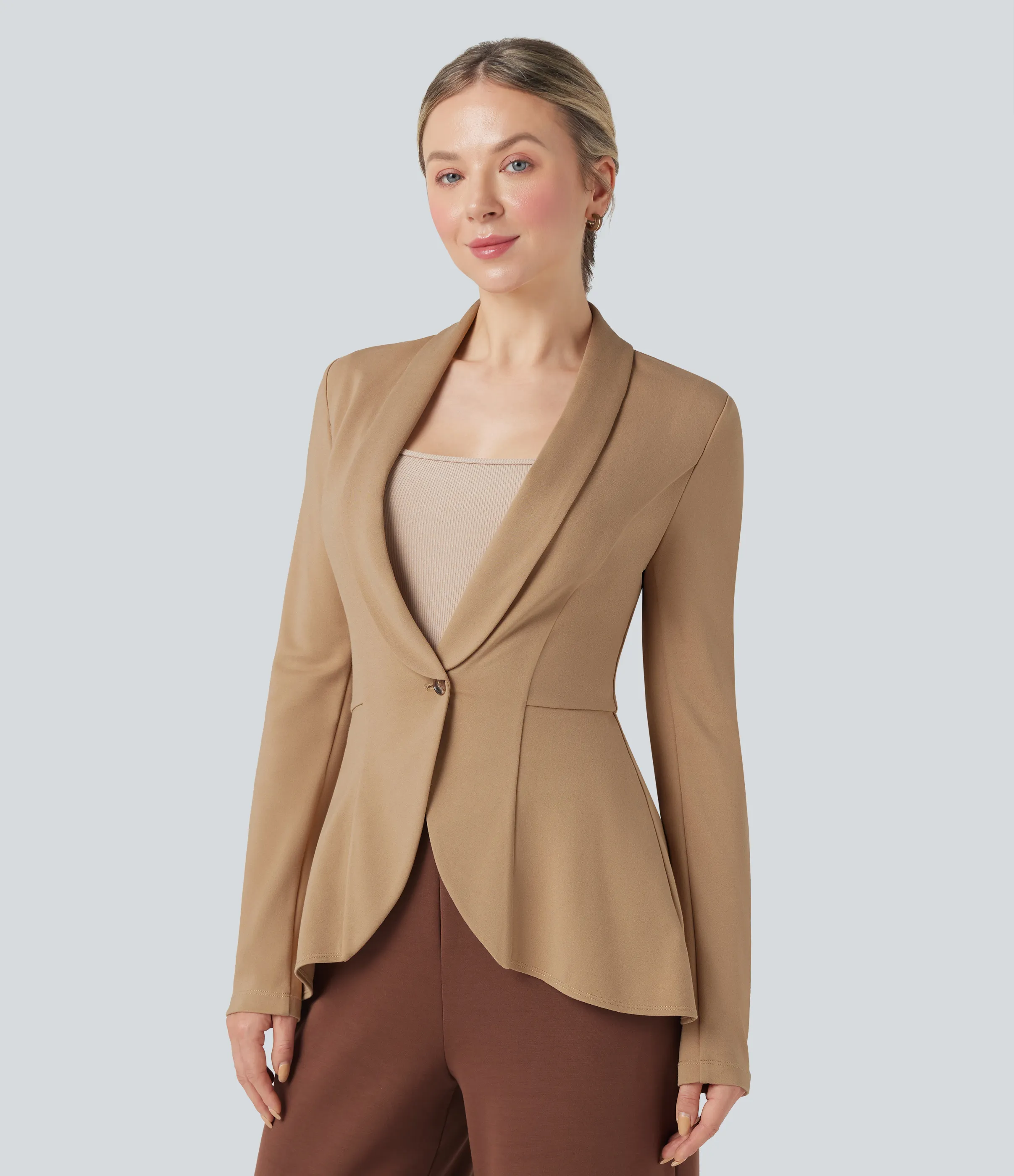 Halara Abrigo de oficina Halara Flex™ de manga larga con cuello chal y dobladillo con volantes - Tan - M sold by Halara product image thumbnail 4