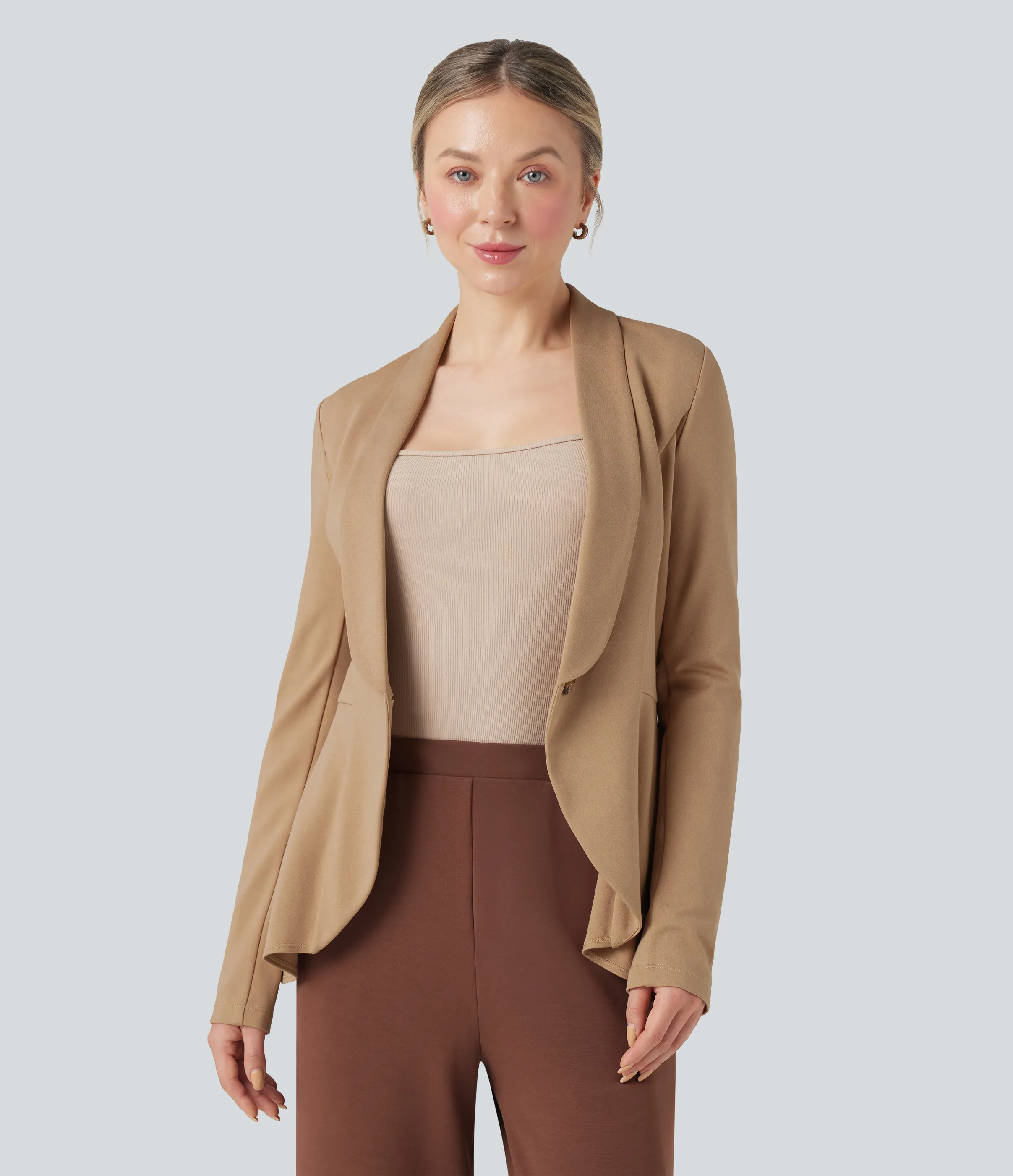 Halara Abrigo de oficina Halara Flex™ de manga larga con cuello chal y dobladillo con volantes - Tan - M sold by Halara product image thumbnail 5