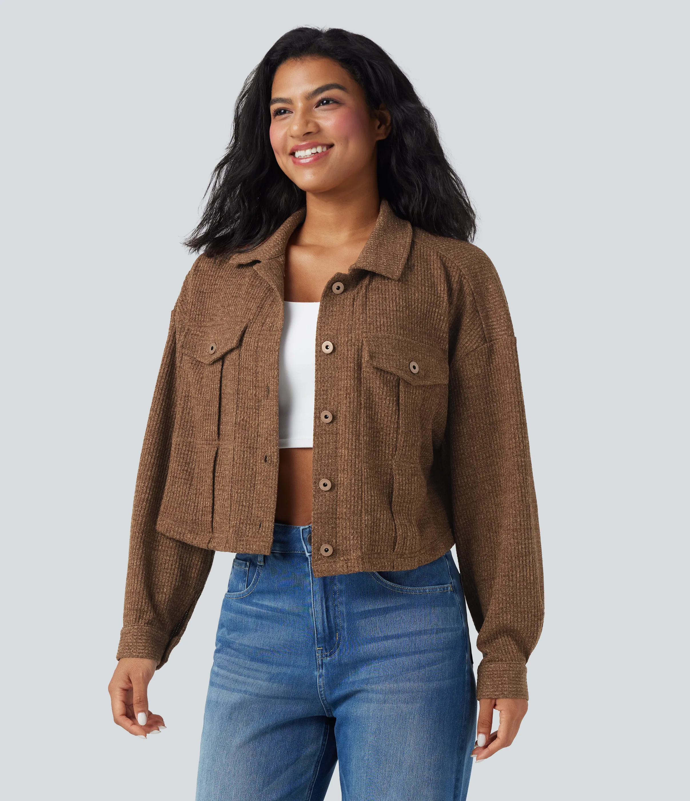 Halara Chamarra casual de punto gofre de manga larga con bolsillos - Toffee - XS sold by Halara product image thumbnail 4