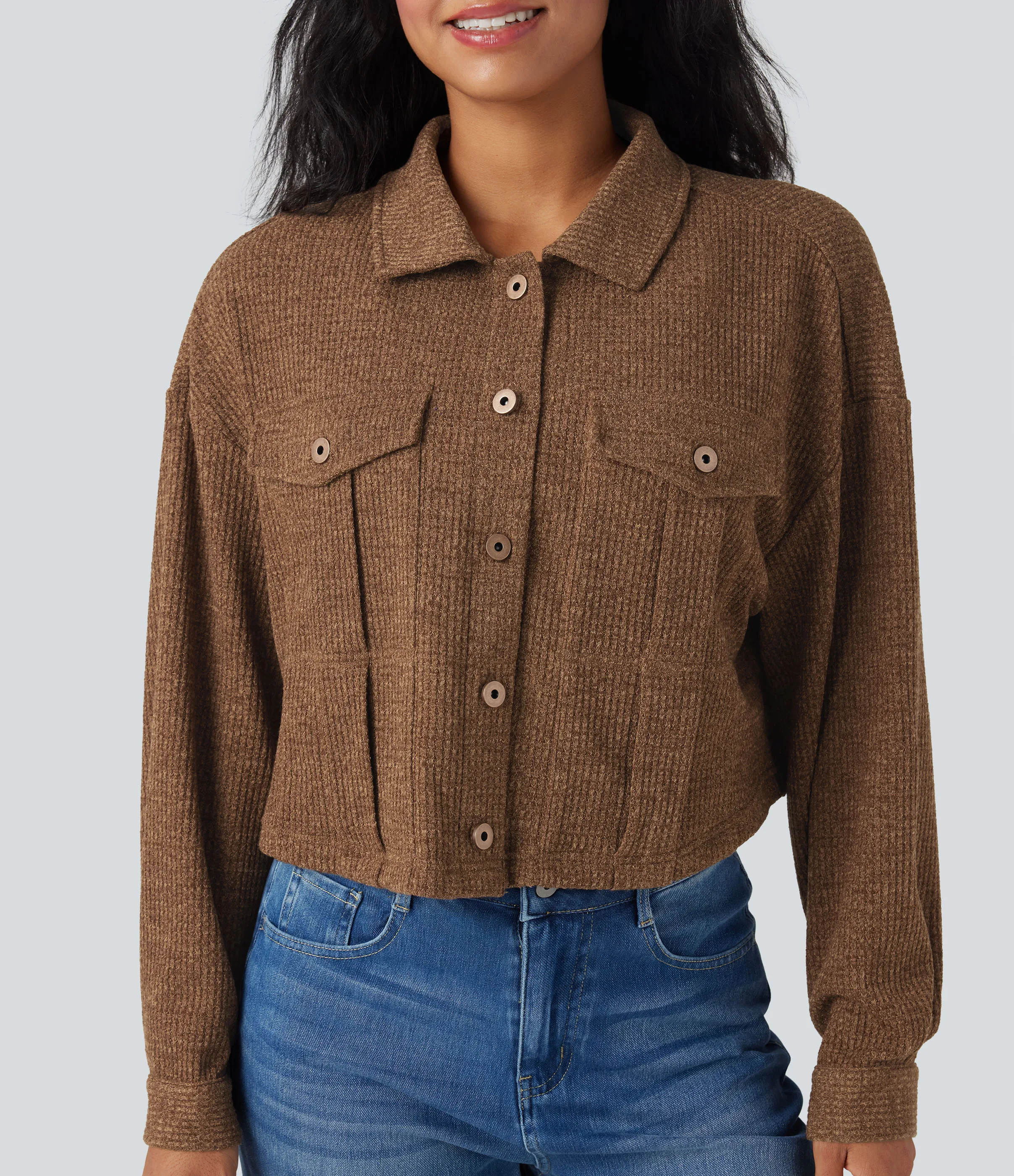 Halara Chamarra casual de punto gofre de manga larga con bolsillos - Toffee - XS sold by Halara product image thumbnail 5