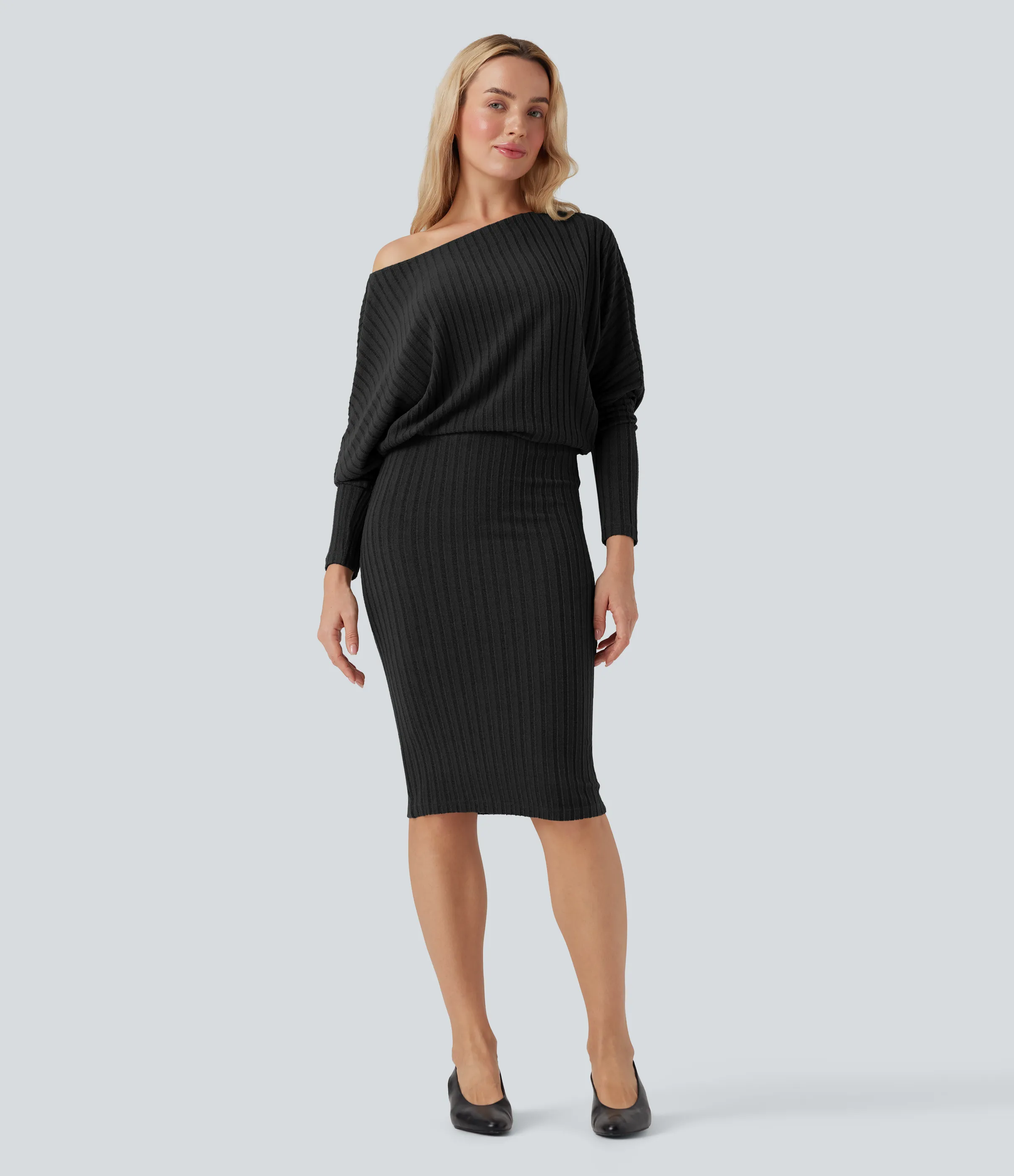 Halara Vestido casual midi ajustado de punto acanalado con hombros descubiertos y manga larga de murciélago - Black - S sold by Halara