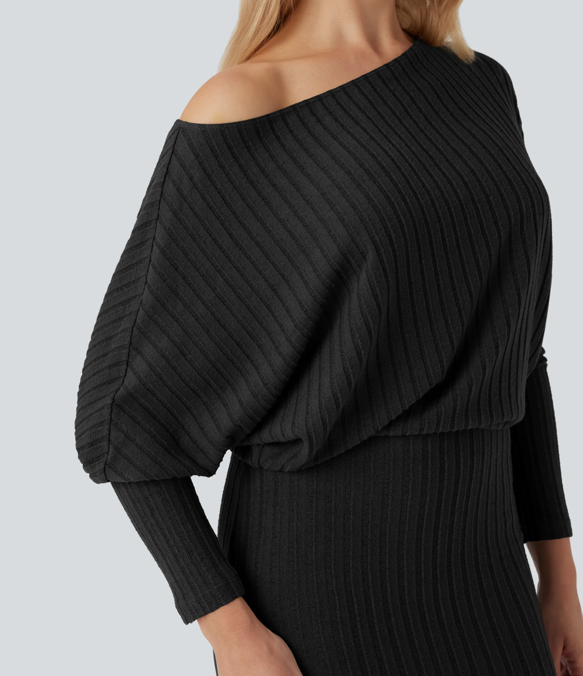 Halara Vestido casual midi ajustado de punto acanalado con hombros descubiertos y manga larga de murciélago - Black - S sold by Halara product image thumbnail 5