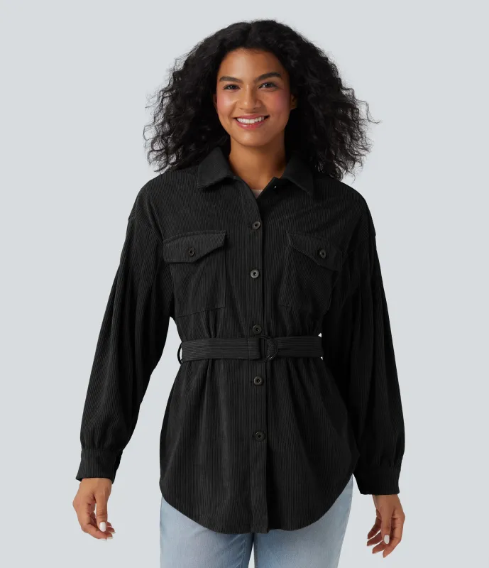 Halara Chamarra casual de pana con dobladillo curvo de manga larga y cinturón con bolsillos - Black - S sold by Halara